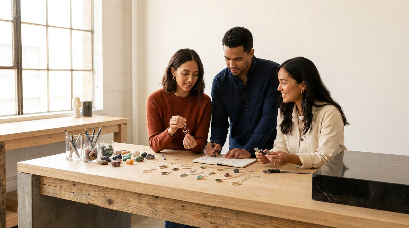 Three people working on jewelry design at a wooden table in a bright room, with various jewelry pieces and tools.