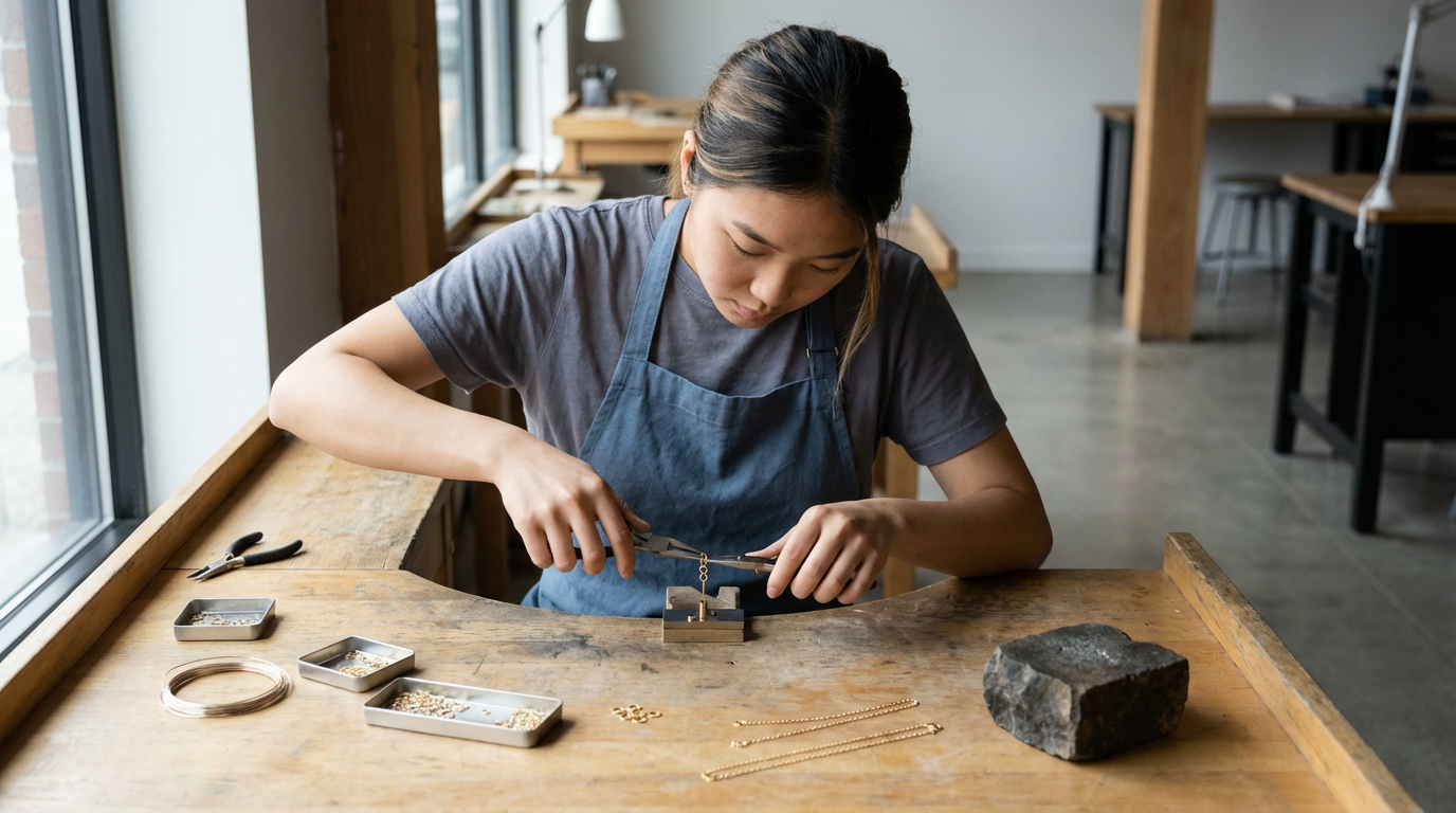Woman working on jewelry at a wooden table, with tools and jewelry pieces around her in a bright workshop.