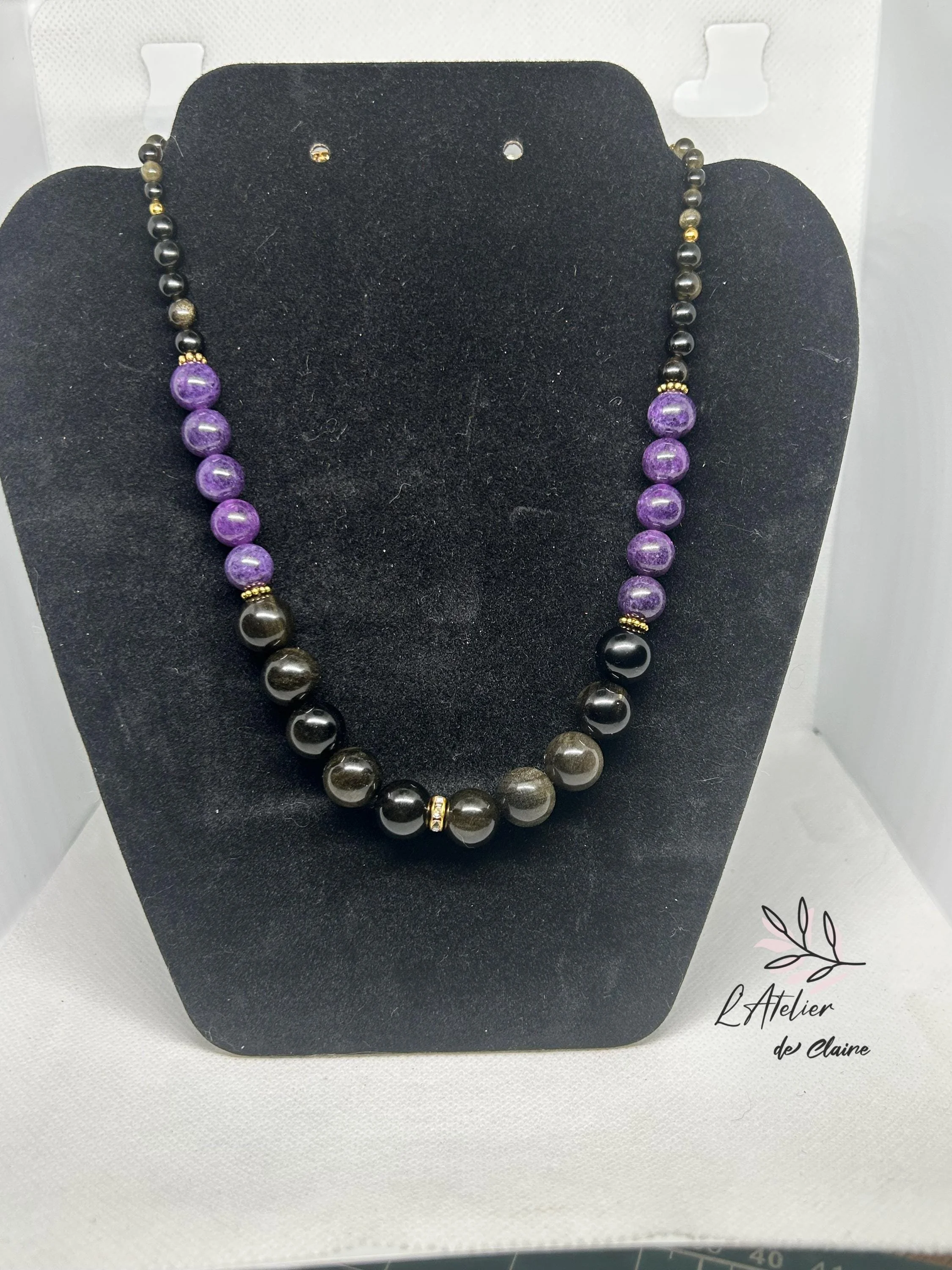 Handmade Golden Obsidian Amethyst Necklace, Adjustable Extender (18K Gold or Silver)