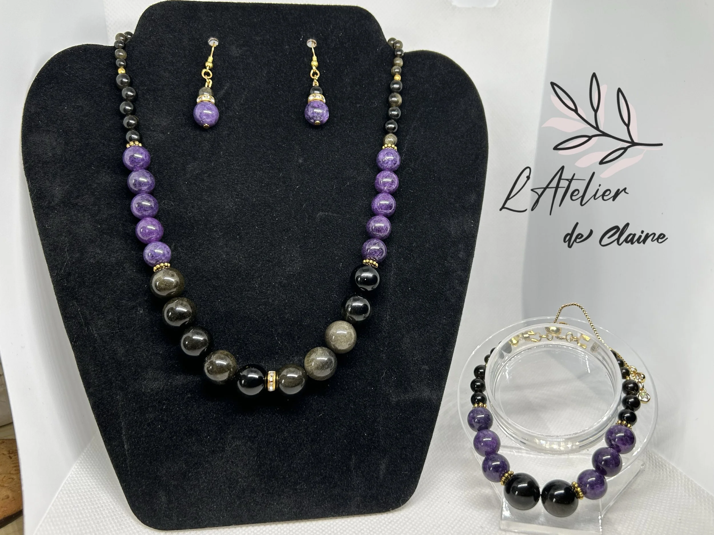 Golden obsidian and amethyst handmade jewellery set