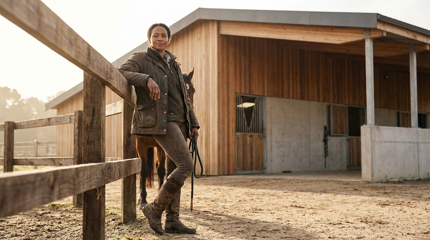 A woman standing outside a wooden horse stable next to a horse, holding a lead rope, with her arm resting on a wooden fence, during daytime with sunlight.
