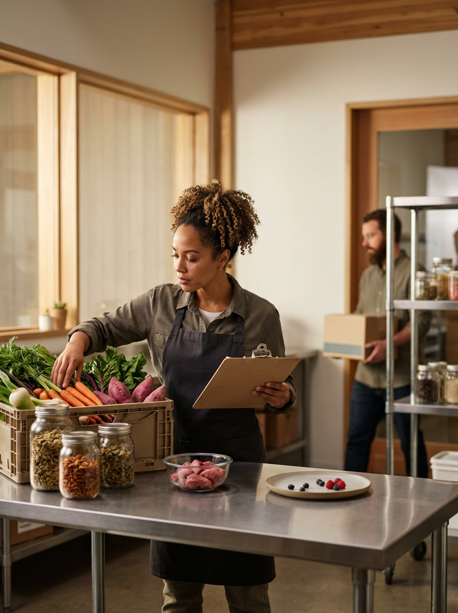 A woman in a black apron inspecting vegetables at a farmers market or grocery store, with jars of dried food and a bowl of berries on the table, and a man in the background carrying a box.