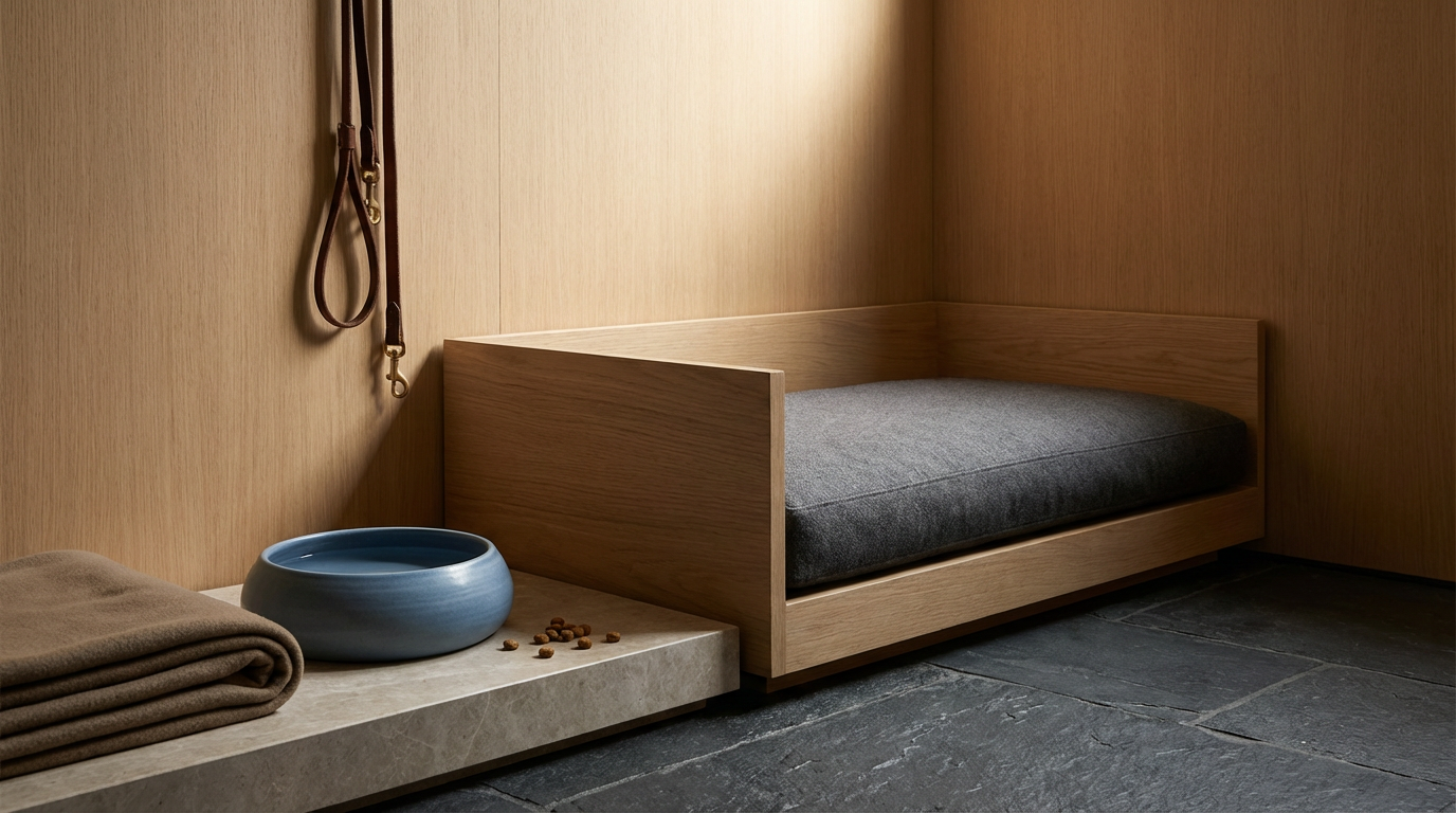 A minimalist, wooden pet bed with a dark gray cushion in a corner of a room. Beside it, there is a stone platform with a folded beige blanket, a blue ceramic bowl, and a few scattered pet treats. The walls and flooring are made of natural wood and stone material.