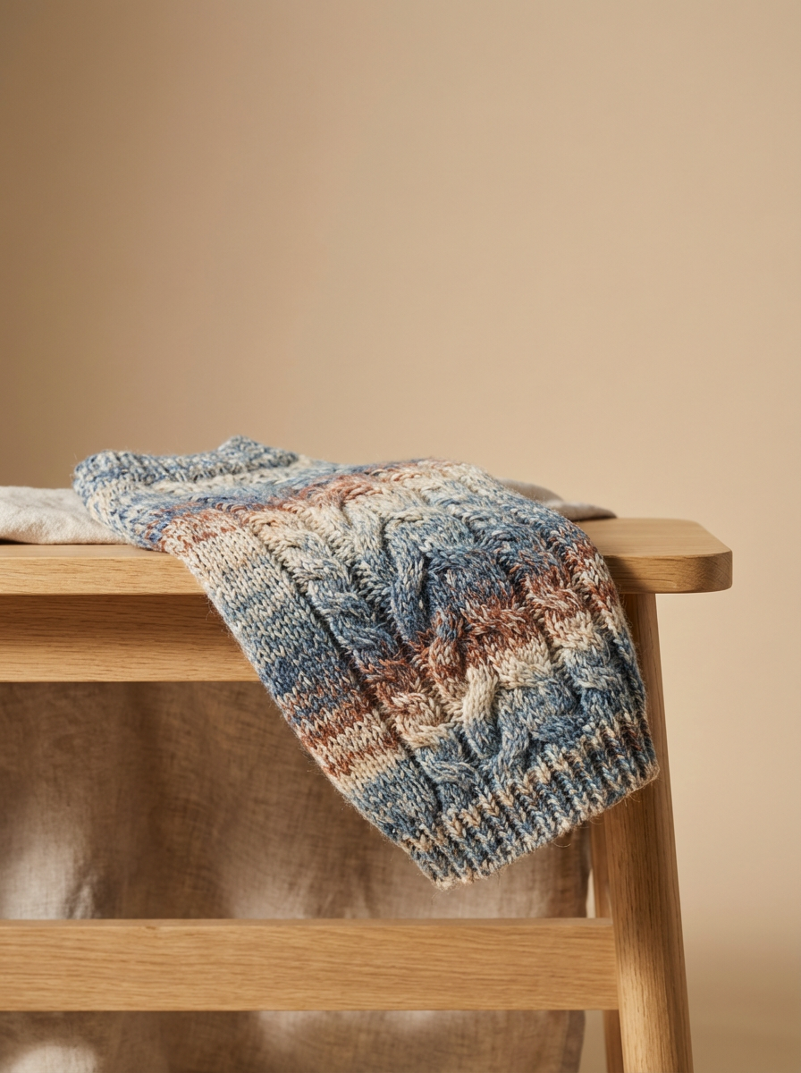 A multicolored knitted wool hat resting on the edge of a wooden chair.