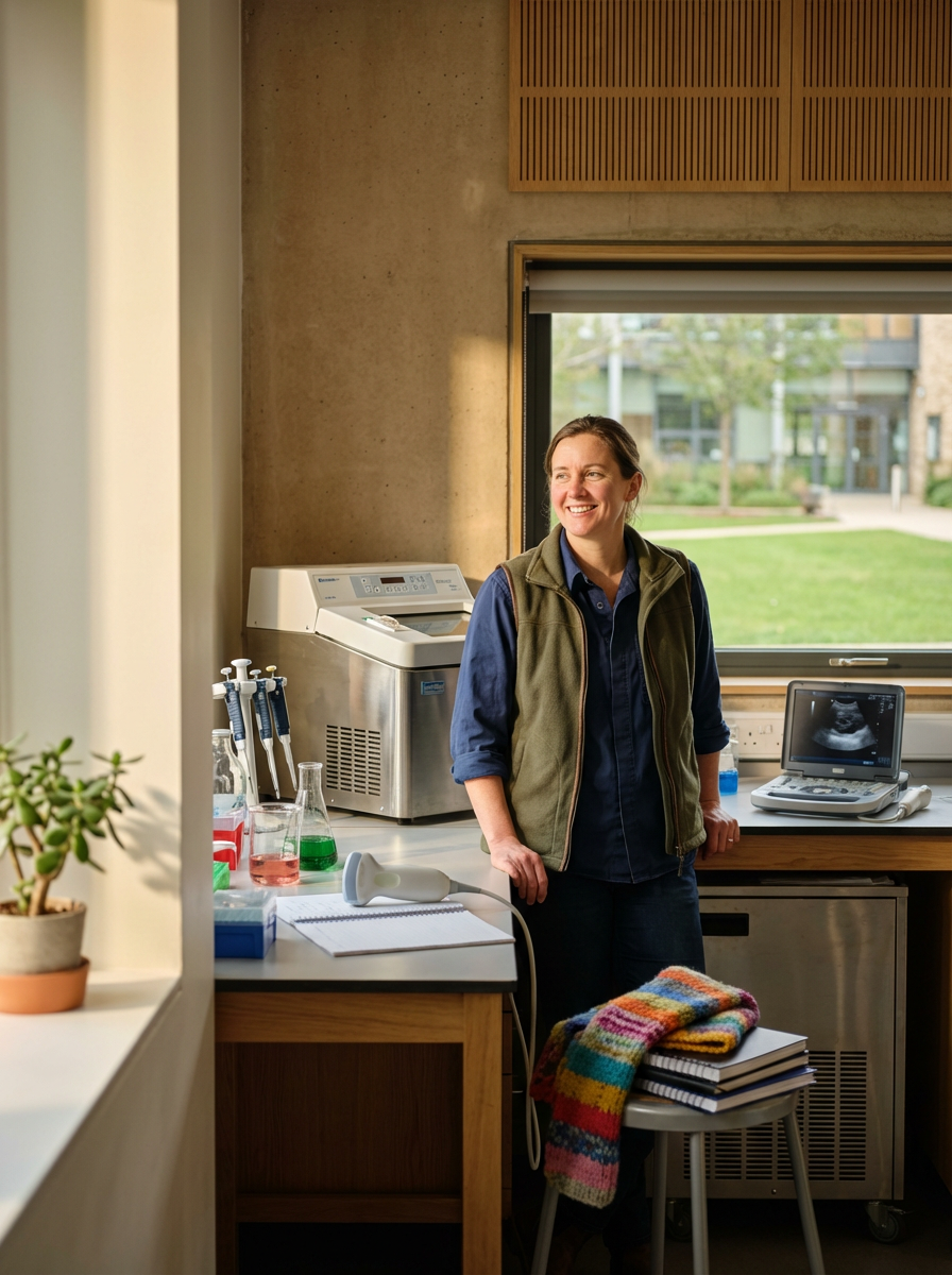 A woman smiling in a laboratory or research room, with a small ultrasound machine, test tubes, and a notebook on the counter, and a window showing a green outdoor scene.