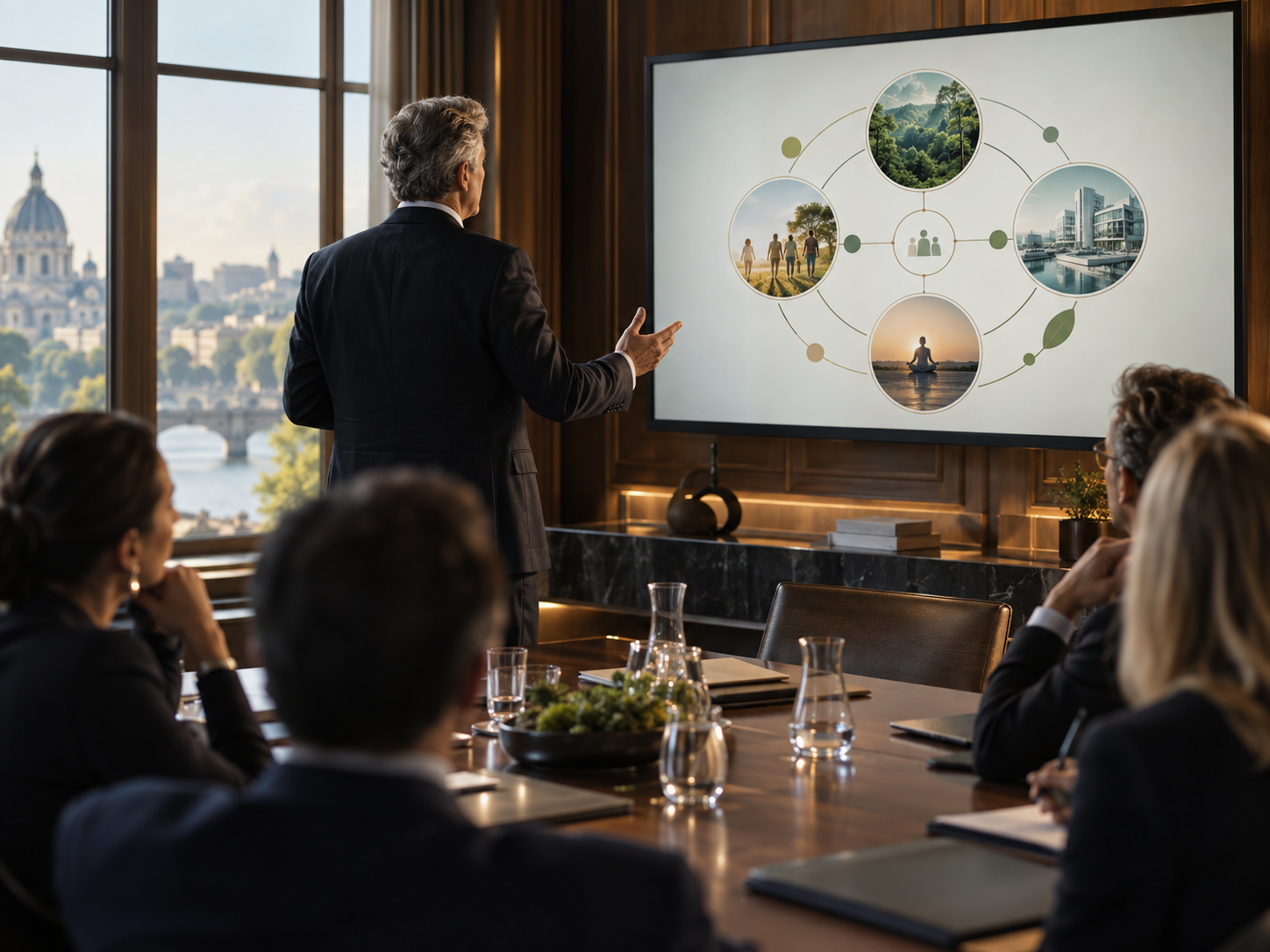 Man presenteert een diavoorstelling over natuur en welzijn aan een groep zakelijke collega's in een vergaderruimte met uitzicht op de skyline.