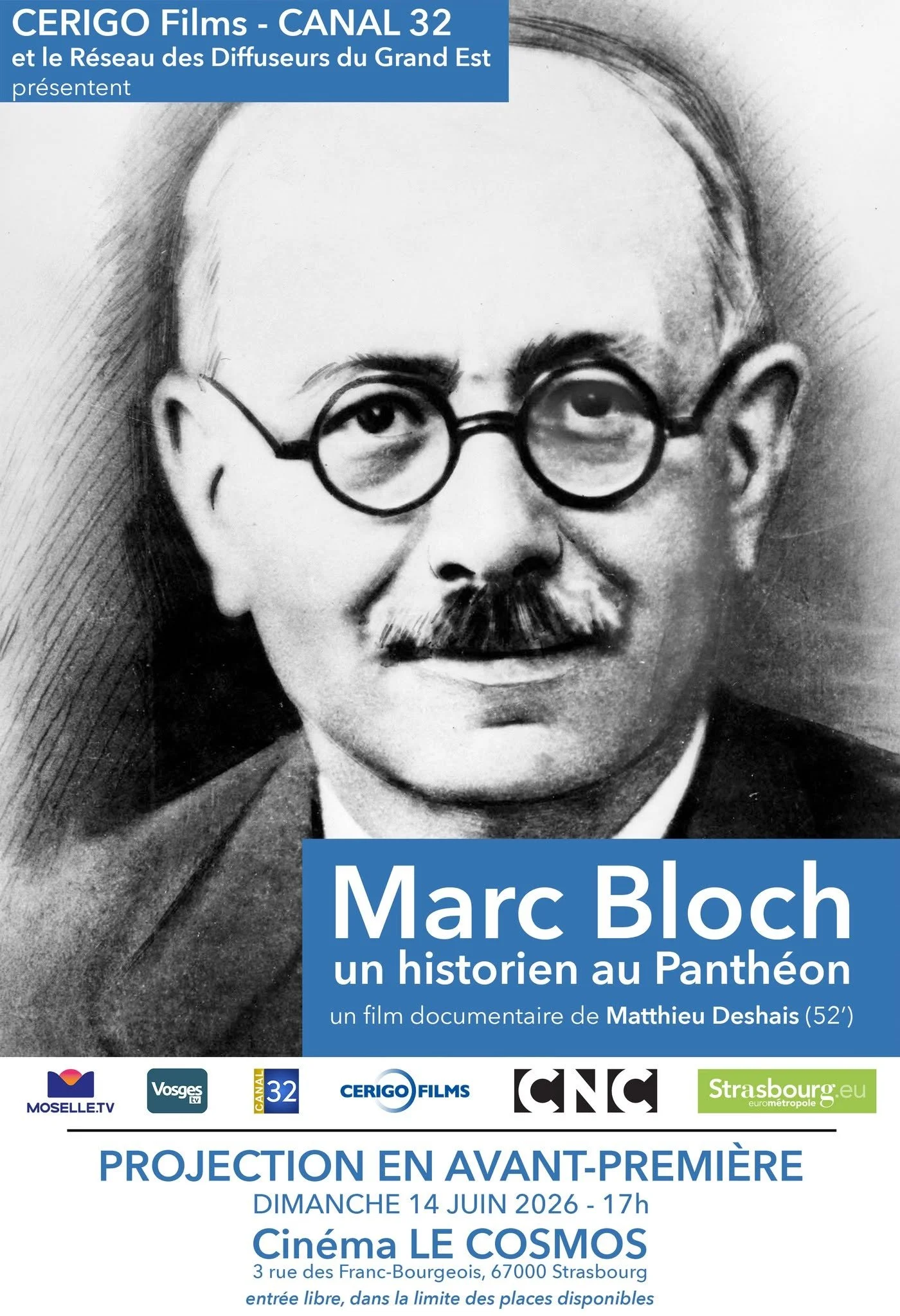 Affiche de projection du film documentaire sur Marc Bloch, historien, réalisé par Matthieu Deshais, le 14 juin 2026 au Cinéma Le Cosmos à Strasbourg, avec logos de diverses organisations.