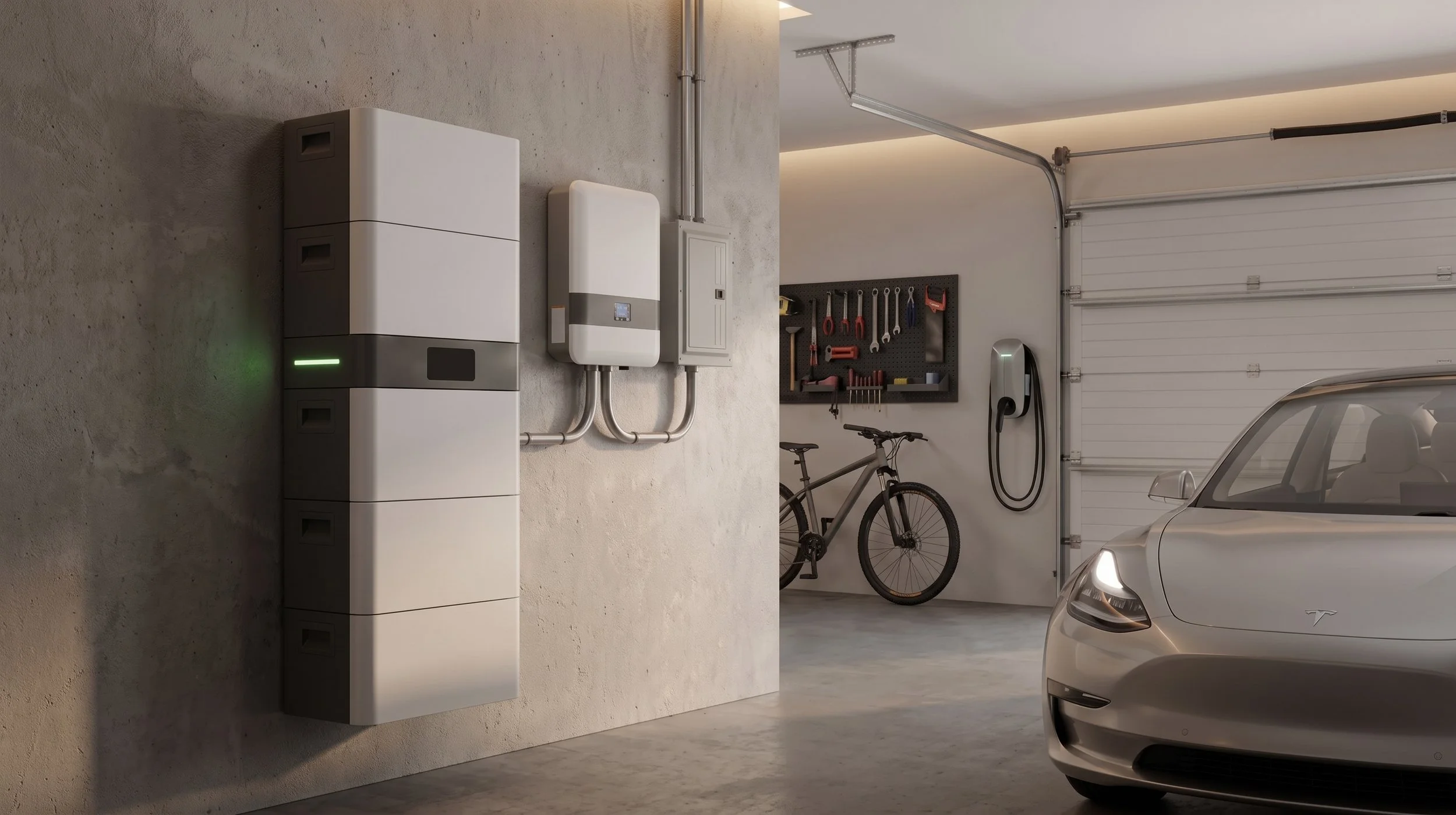 A Tesla Model 3 parked inside a garage with a bicycle, tool pegboard, and electrical panel on the wall.