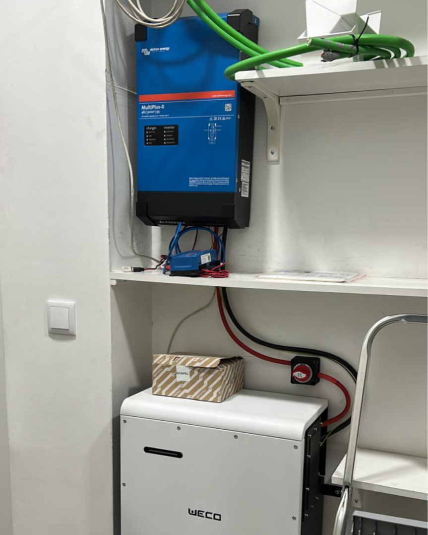 Electrical equipment including a blue MultiPlus-ii inverter/charger, connected to a fuse box and a white Weco power unit, with cables and wires, in a utility room.