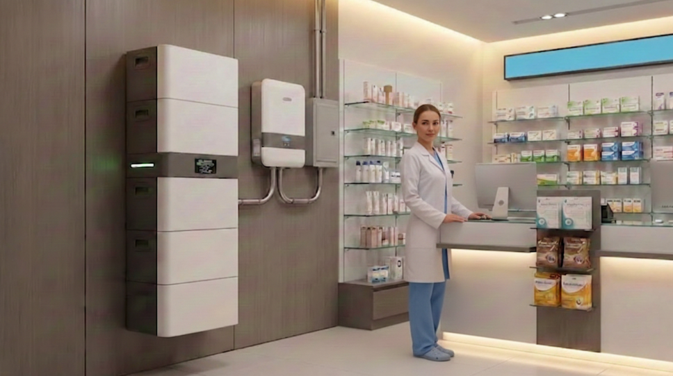 A pharmacy counter with a female pharmacist in a white coat standing behind the desk, using a laptop. The background features shelves stocked with medication boxes and bottles.