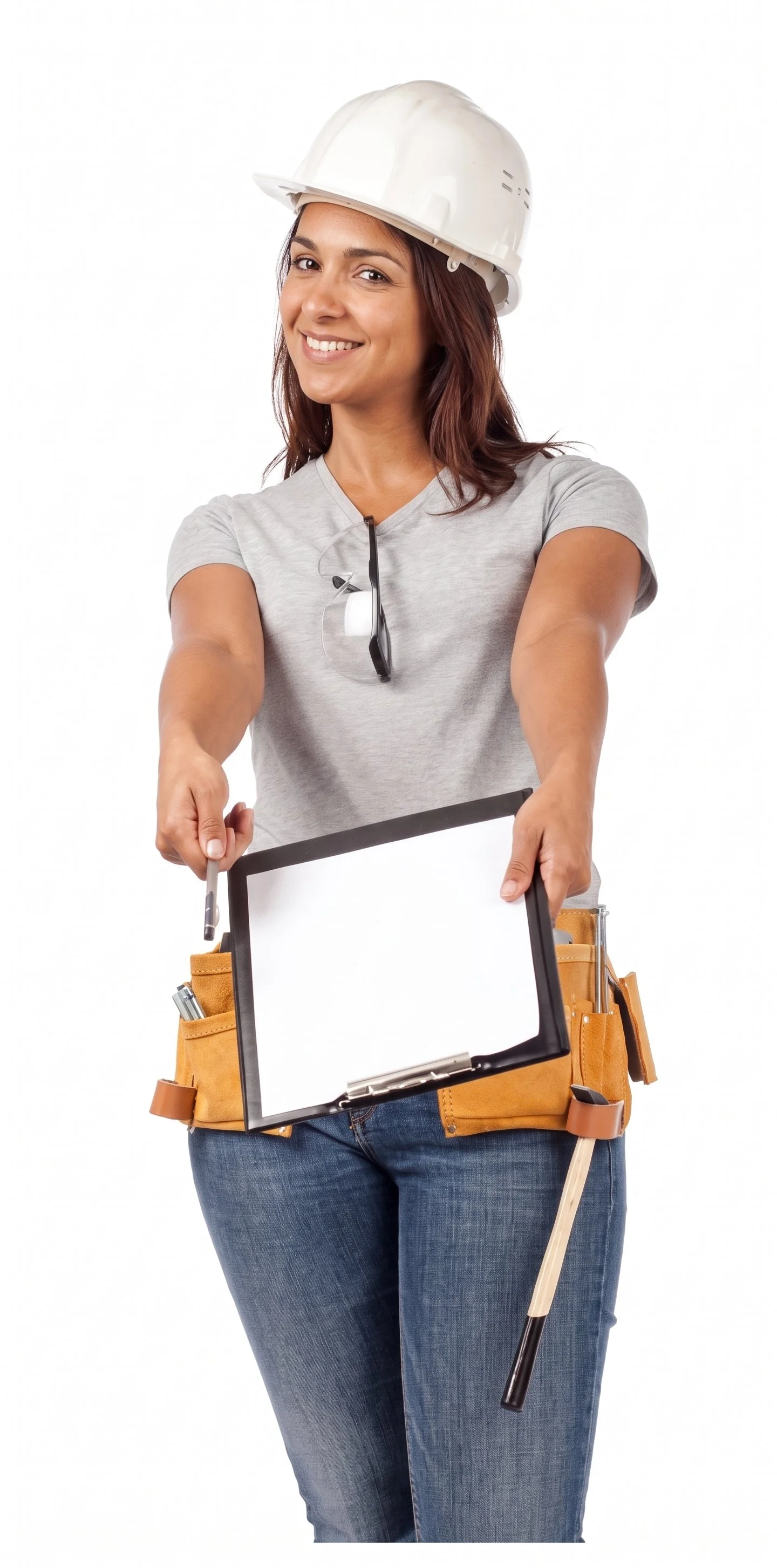A woman with brown hair wearing a hard hat, gray T-shirt, and jeans, holding a clipboard. She has safety glasses hanging around her neck and a tool belt, with a white background.