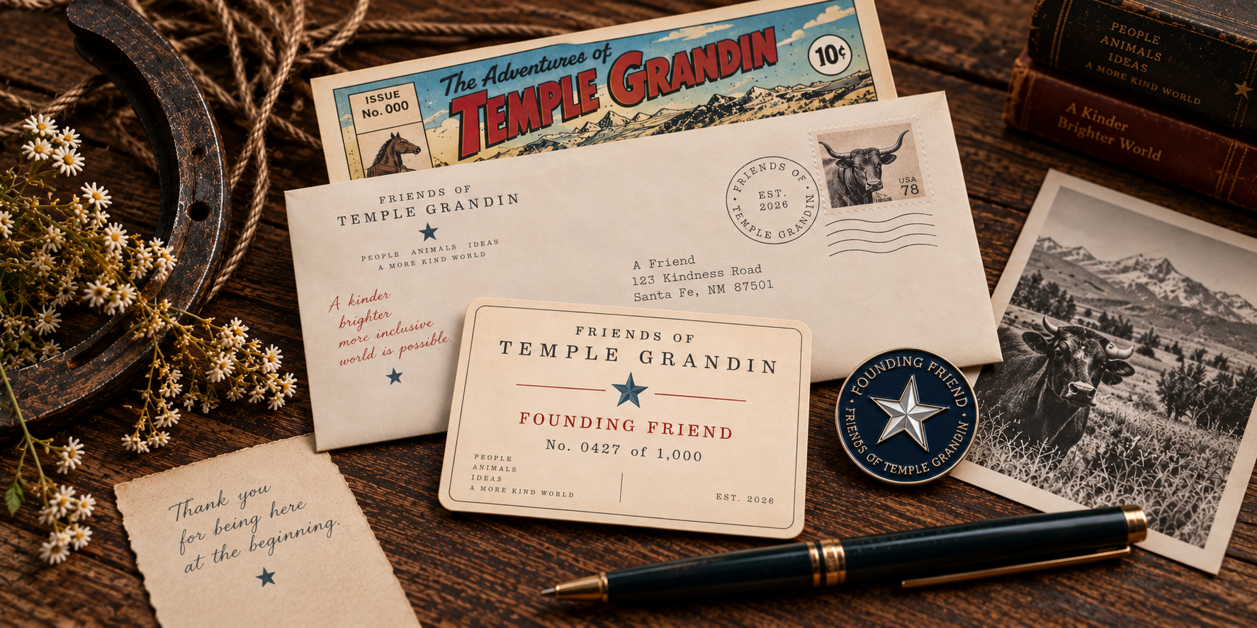 Friends of Temple Grandin Founding Friend membership card, pin and addressed envelope.