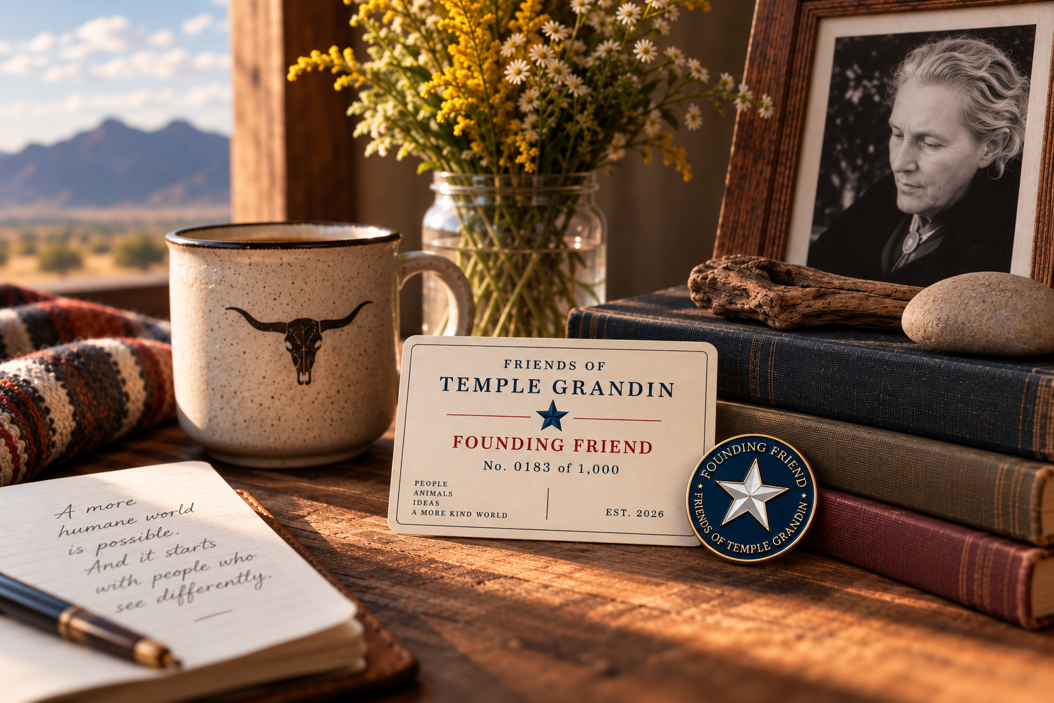 Friends of Temple Grandin Founding Friend membership card and pin arranged on a rustic desk with a portrait of Temple Grandin.