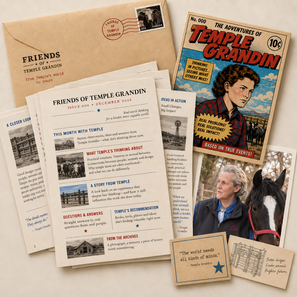 Friends of Temple Grandin monthly mailing with envelope, illustrated Adventures of Temple Grandin collectible comic, photographs and member materials.