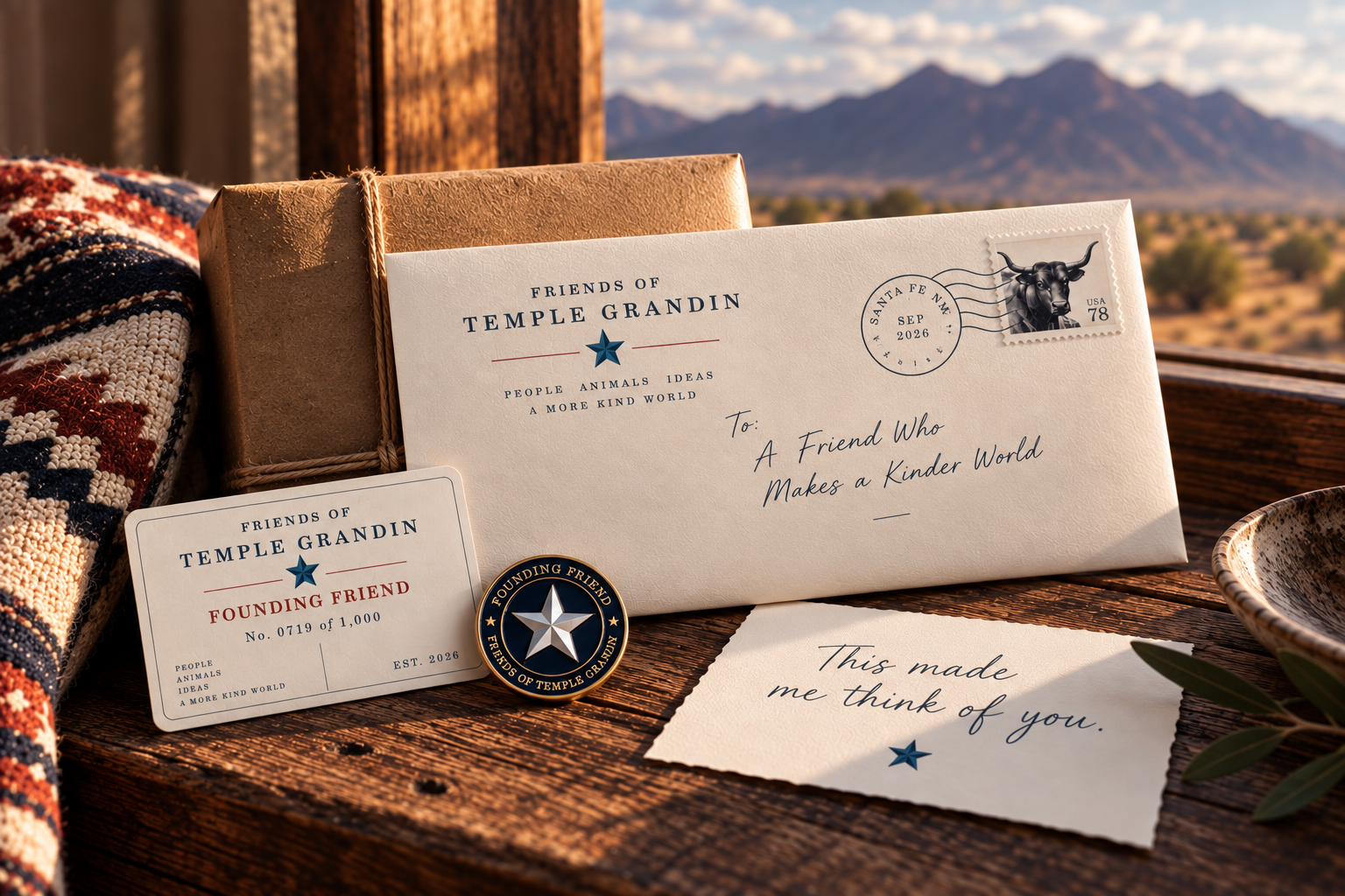 Friends of Temple Grandin gift envelope with Founding Friend membership card and pin on a rustic desk.