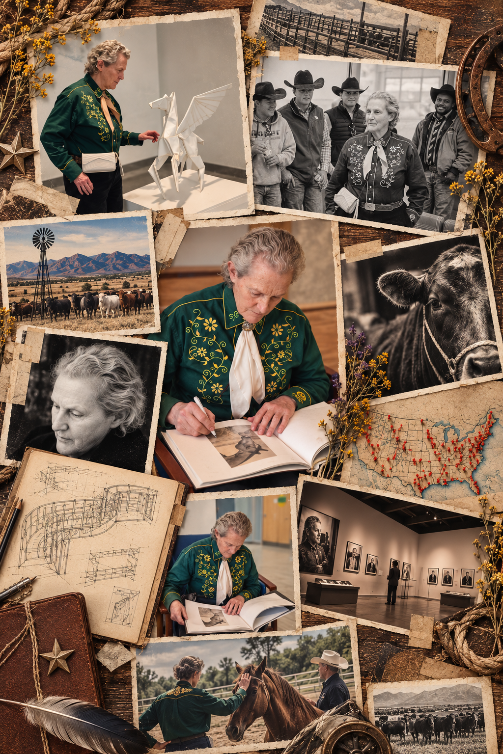 Collage of photographs of Temple Grandin  her life and work and the Friends of Temple Grandin Membership