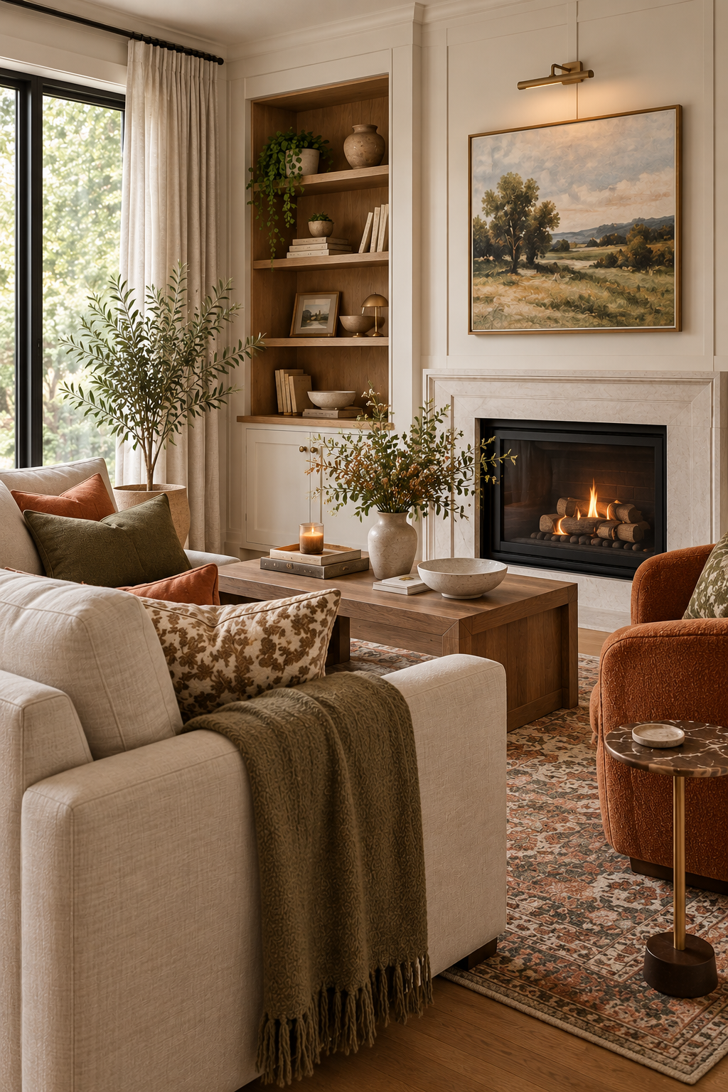 Warm living room with a fireplace, built-in shelving, layered textiles, and terracotta accents.