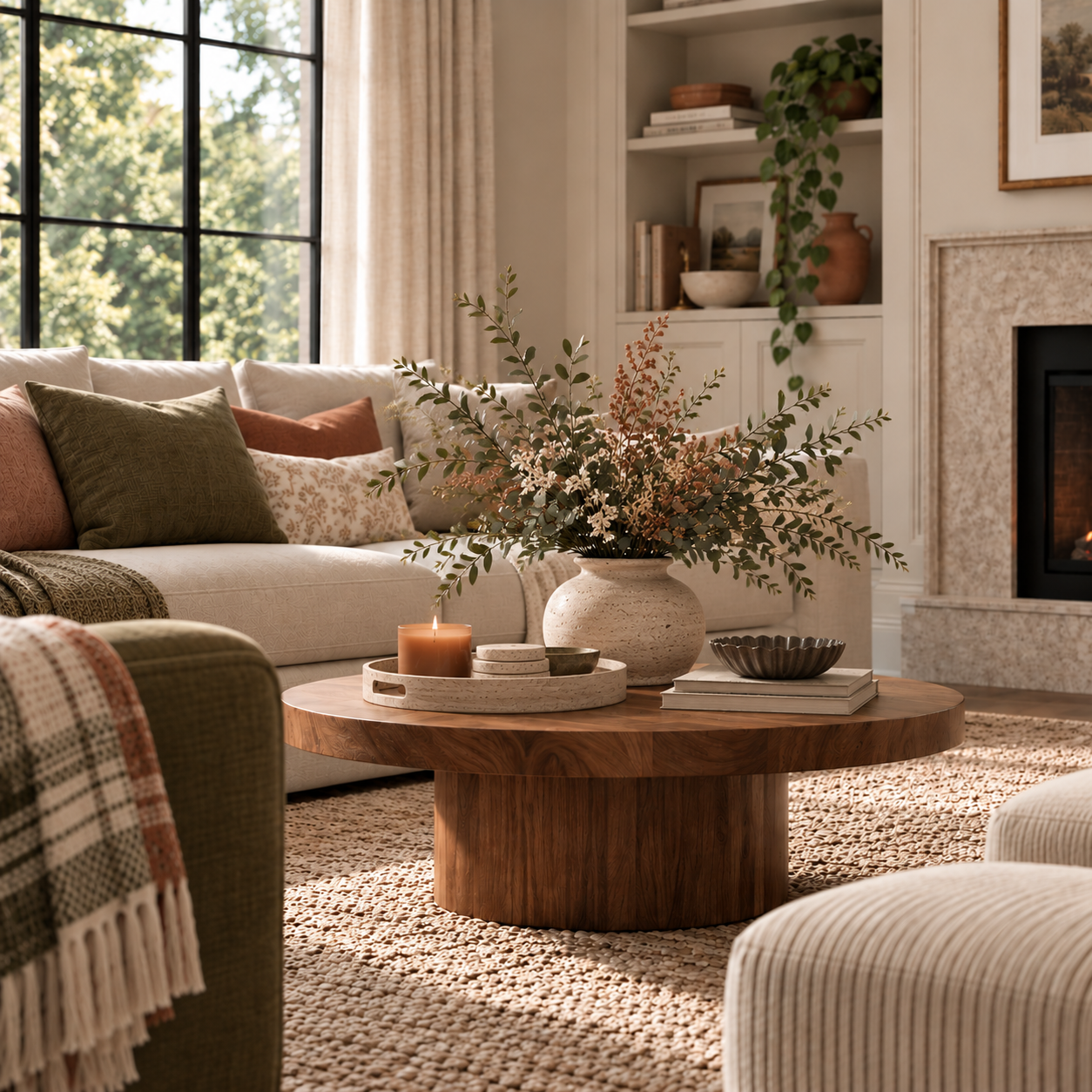 Collected living room mixing traditional and contemporary furniture, warm neutrals, and natural textures.