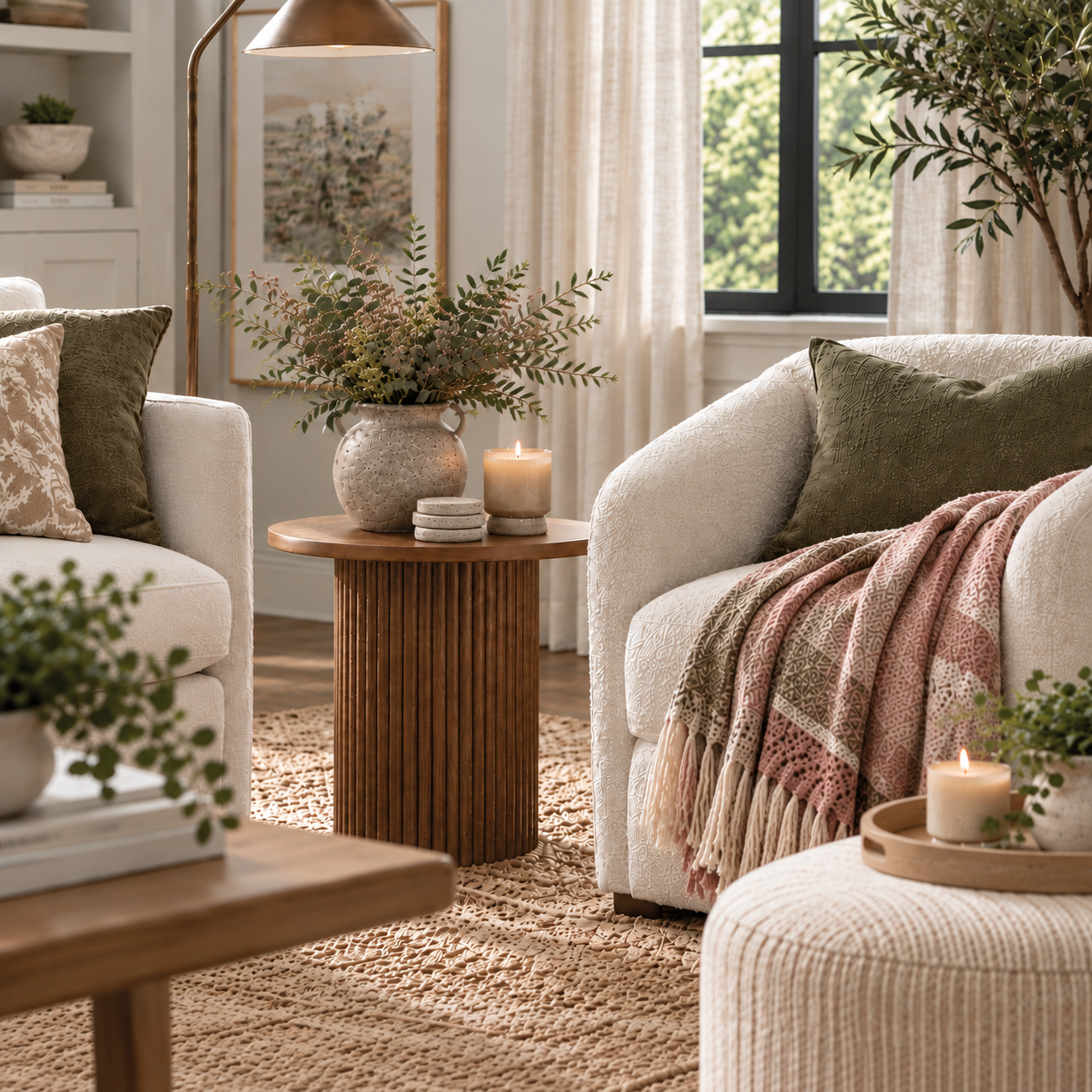 Layered living room with cream upholstery, olive accents, natural wood, and warm neutral textiles.