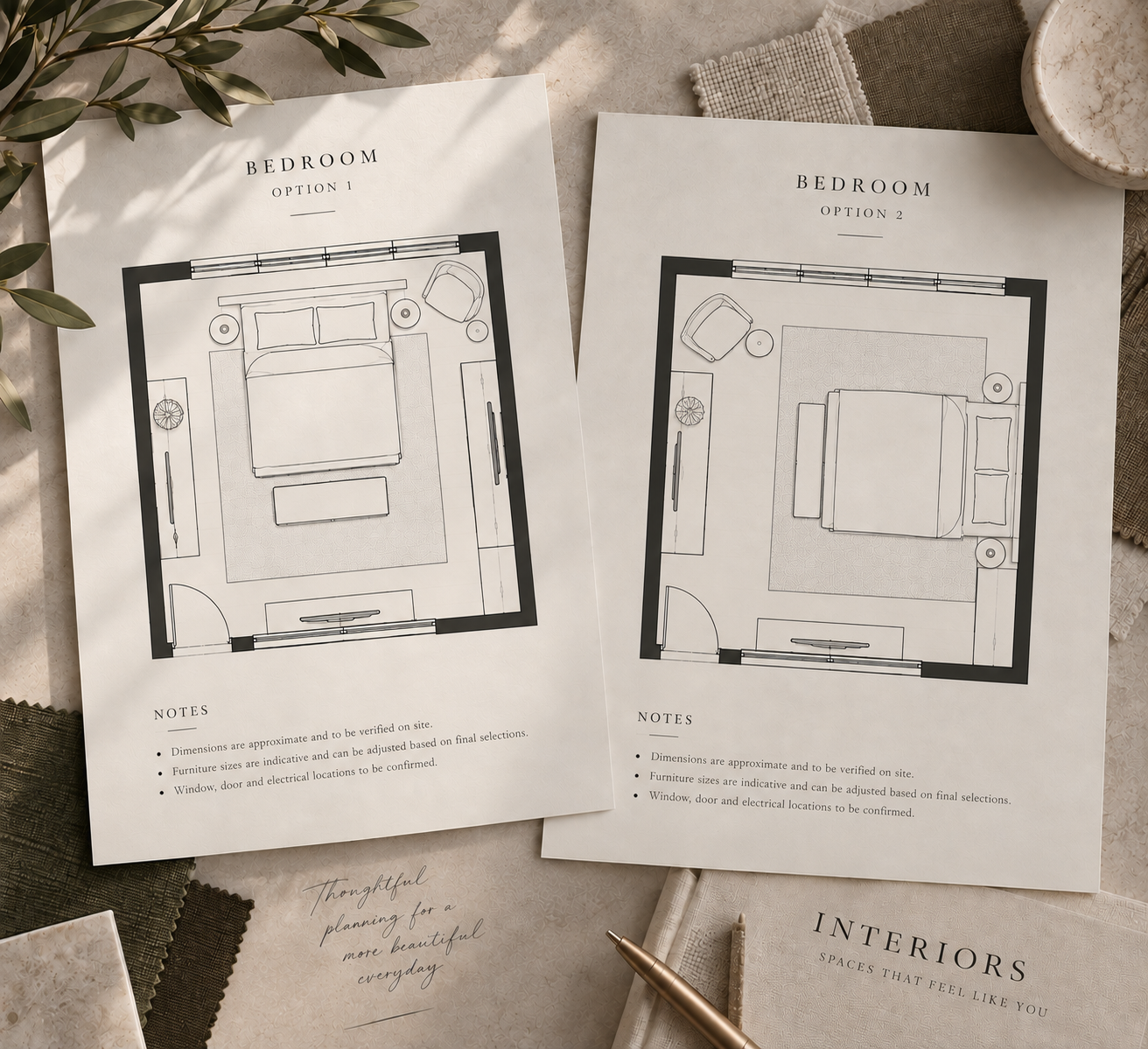 Two bedroom space planning options showing alternate furniture layouts.