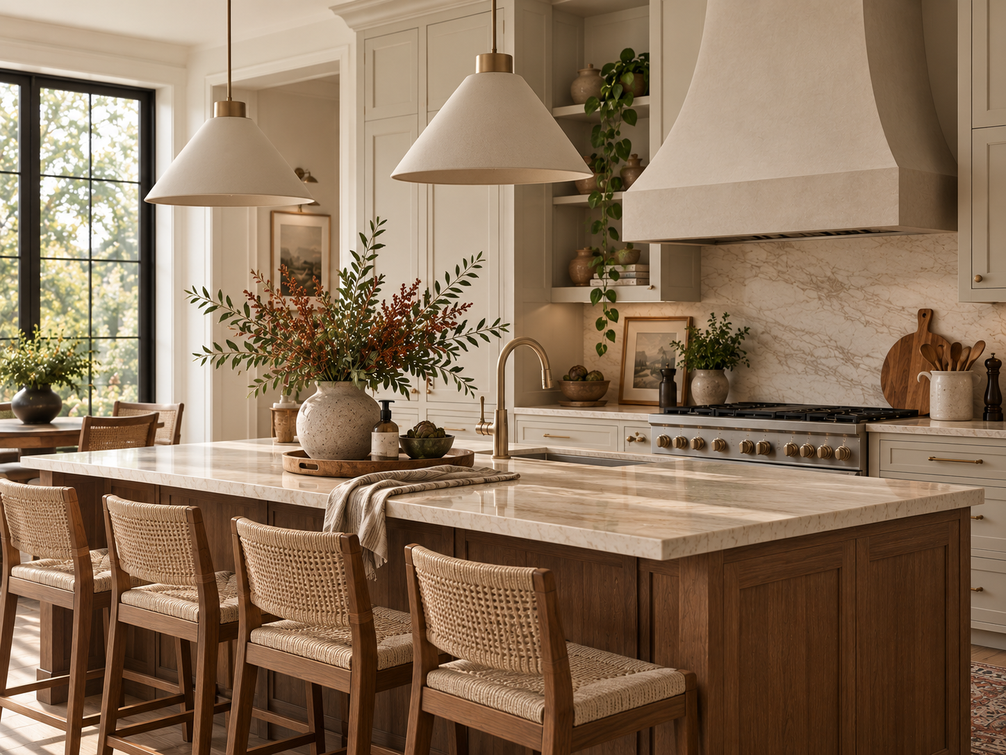 Warm transitional kitchen with natural wood cabinetry, stone surfaces, brass accents, and a central island.