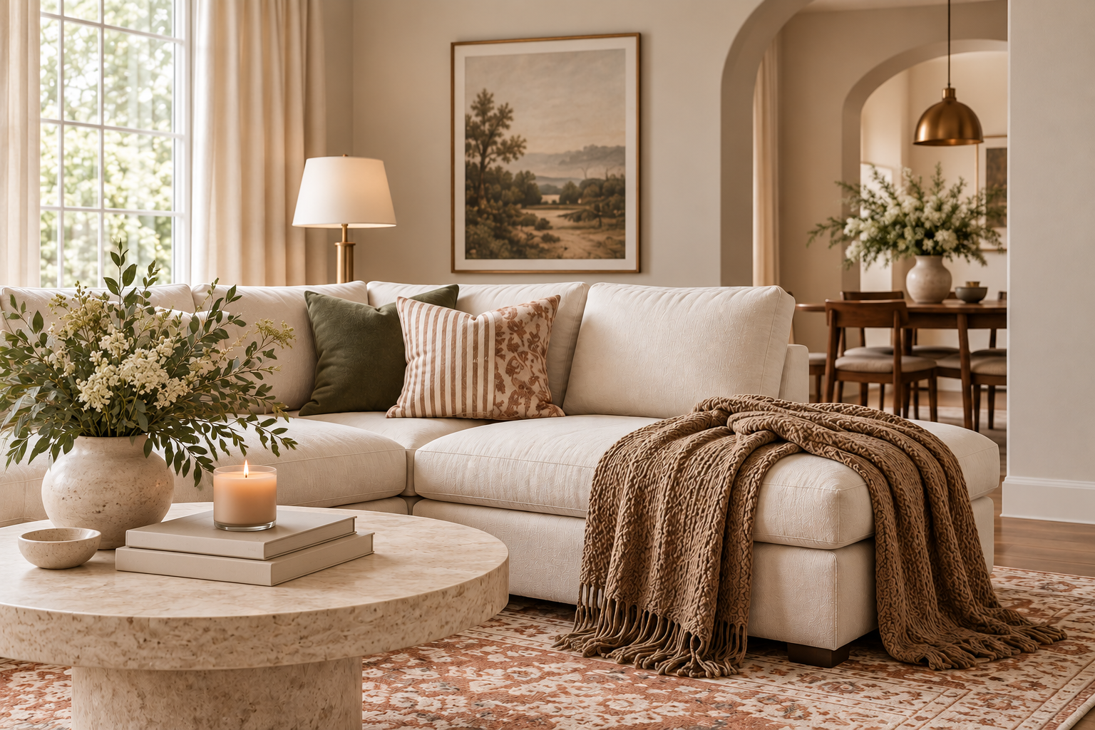 Warm transitional living room with neutral upholstery, natural wood, layered textiles, and collected décor.