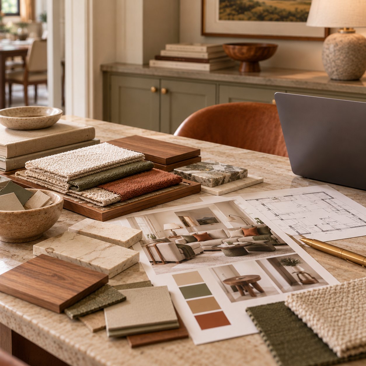 Interior design workspace with floor plans, material samples, finishes, and project inspiration.