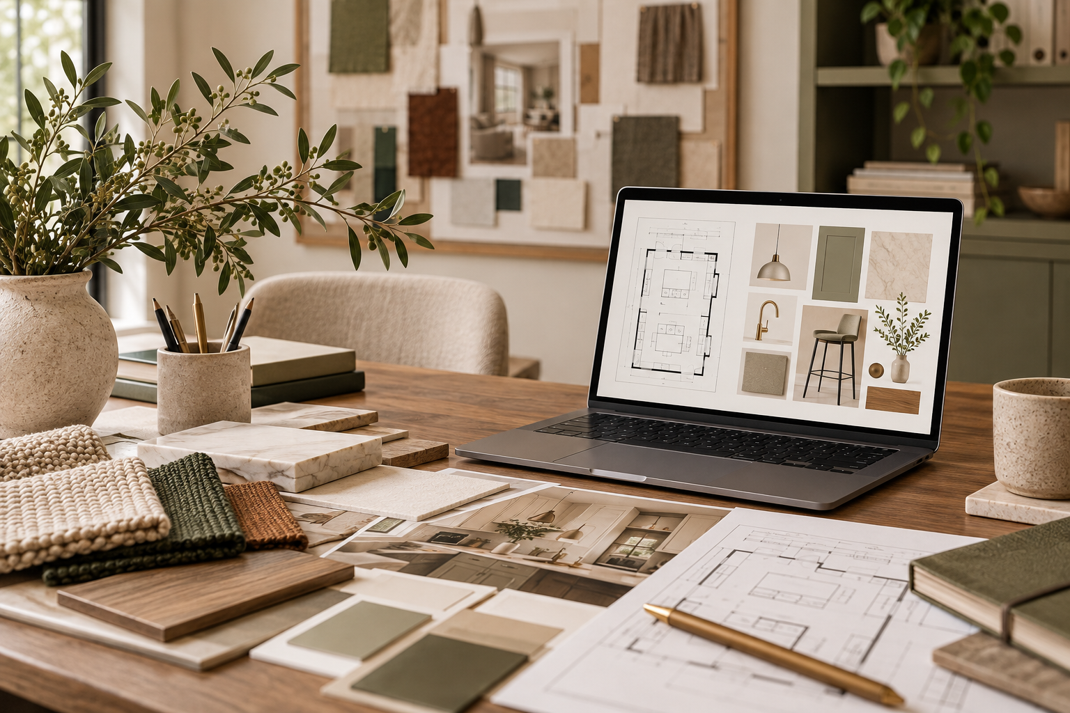 Interior design workspace with a mood board, floor plans, fabric, wood, stone, and finish samples.