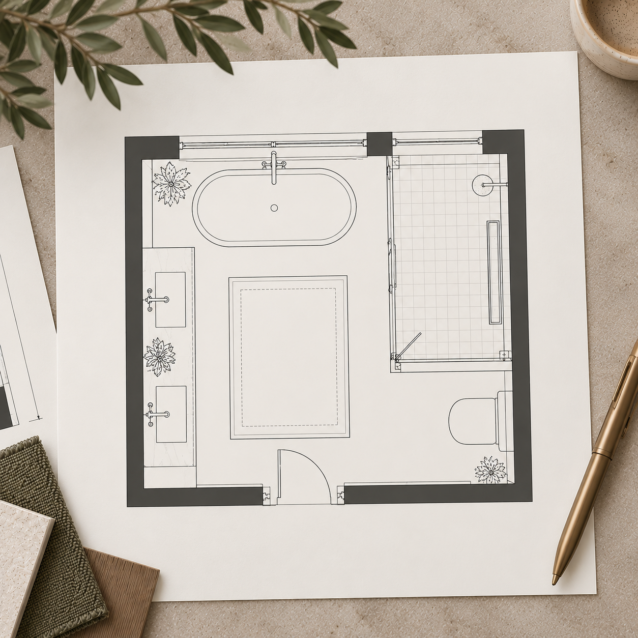 2D bathroom floor plan showing the proposed bathtub, double vanity, shower, and toilet layout.