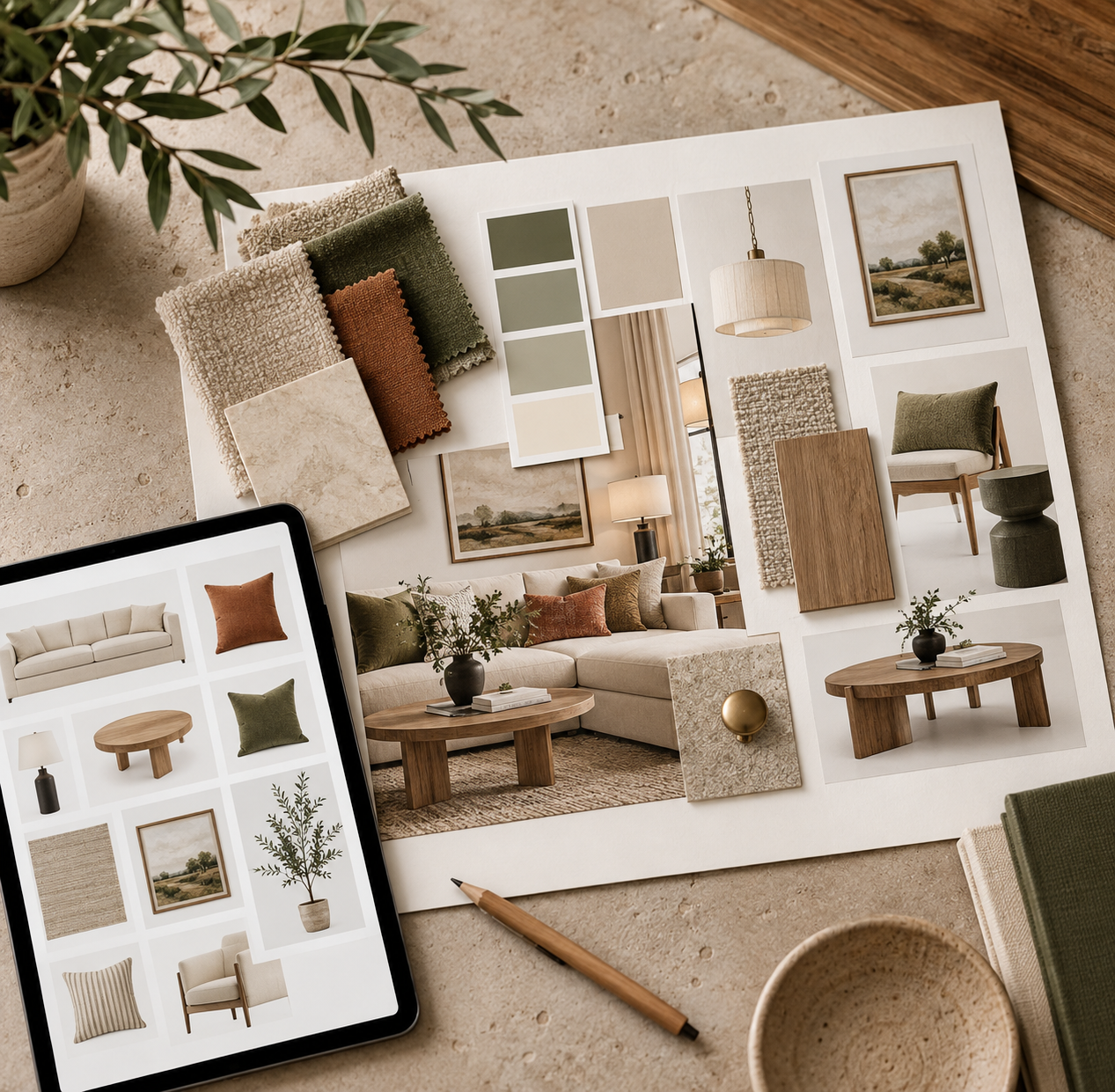 Living room design mood board with coordinated furniture, décor, fabric, and colour selections.