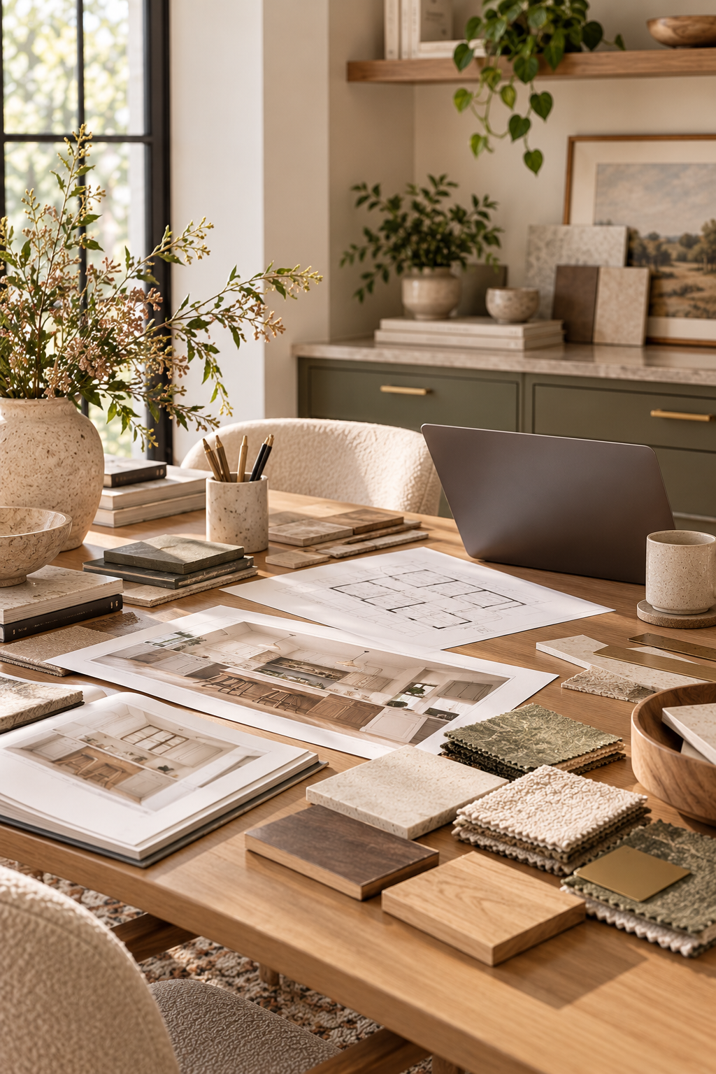 Interior design workspace with floor plans, fabric swatches, wood, stone, and curated finish samples.