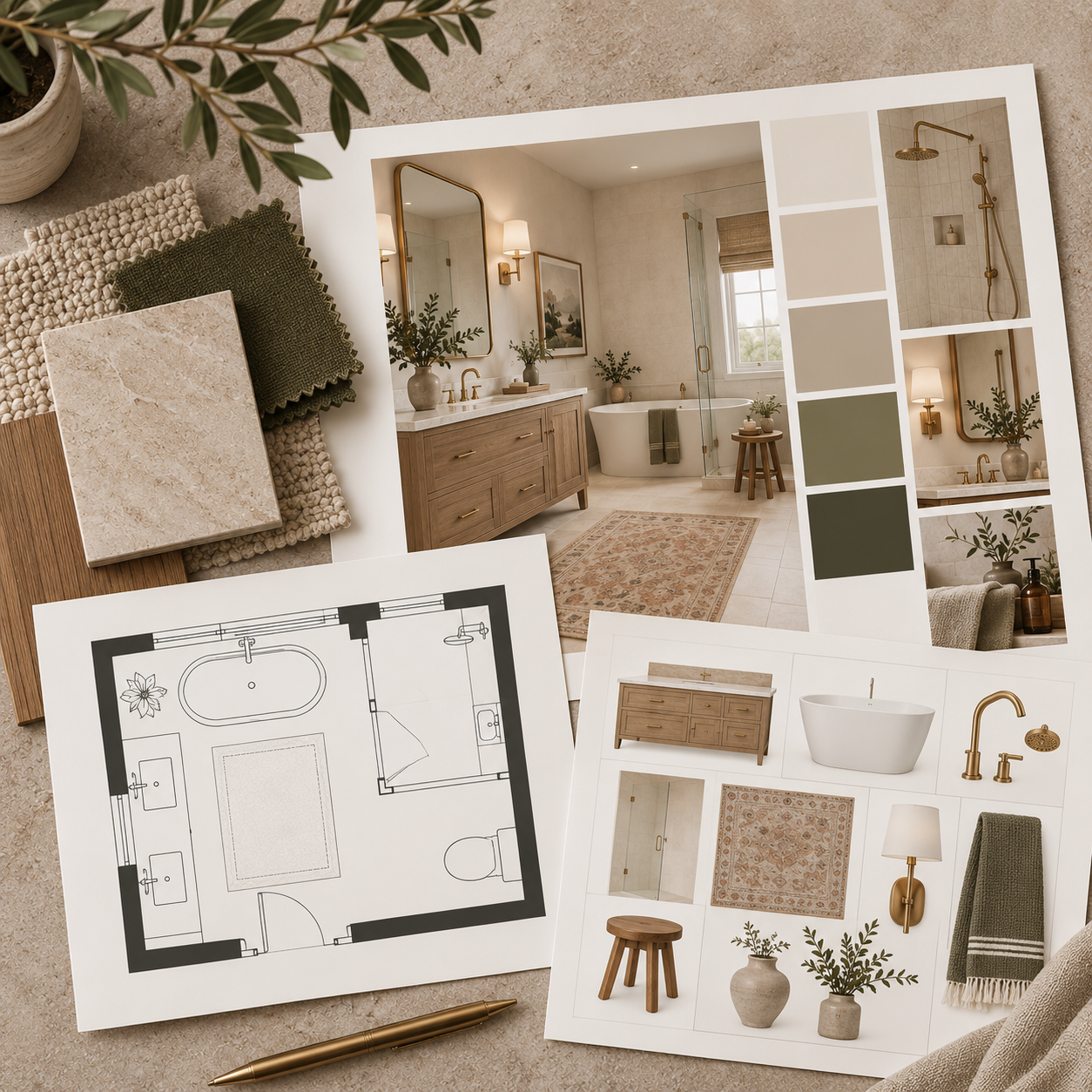 Kitchen and bathroom E-Design concept board with floor plans, renderings, finishes, and material selections.