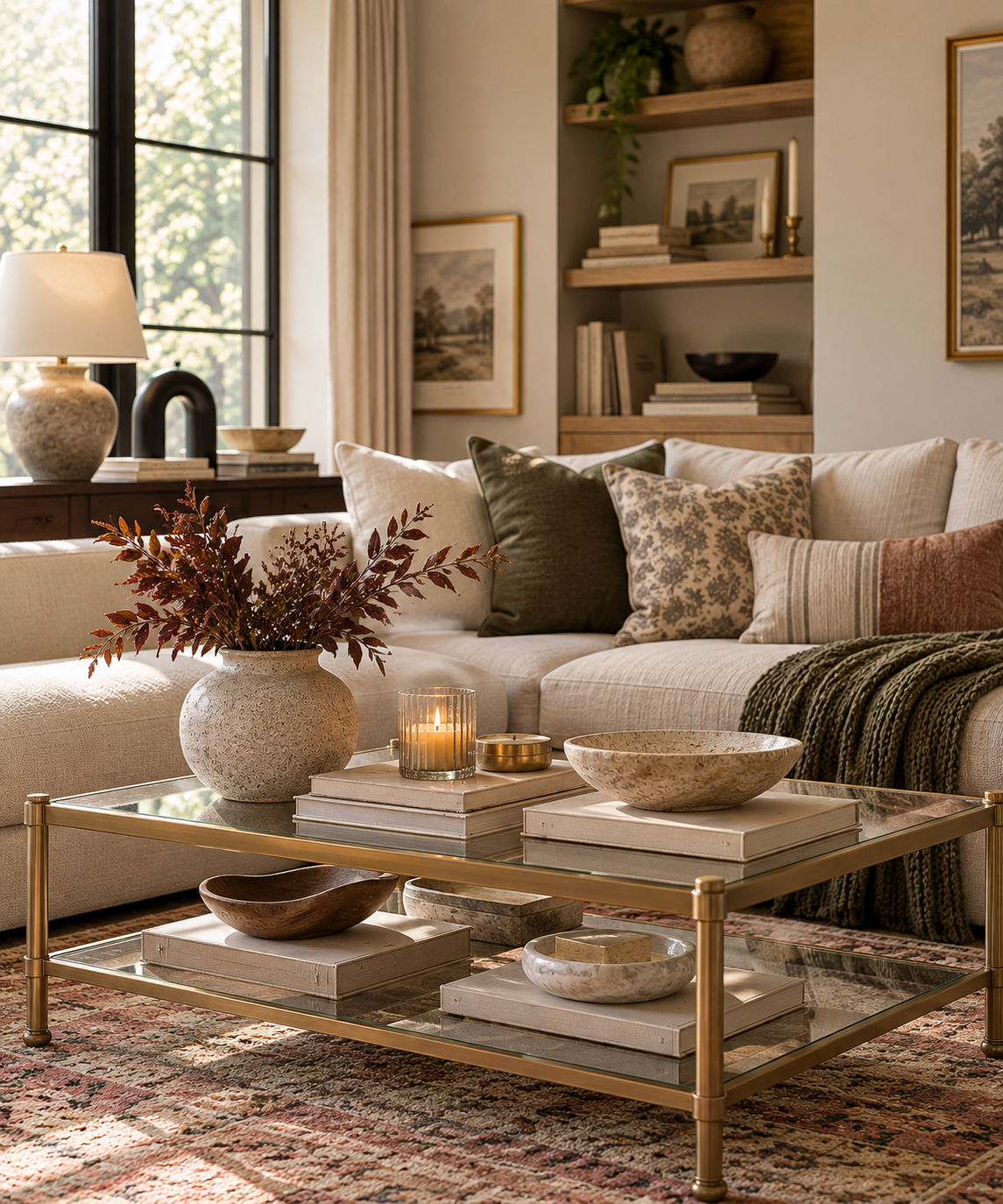 Layered living room with neutral upholstery, a glass coffee table, warm wood, and collected furnishings.