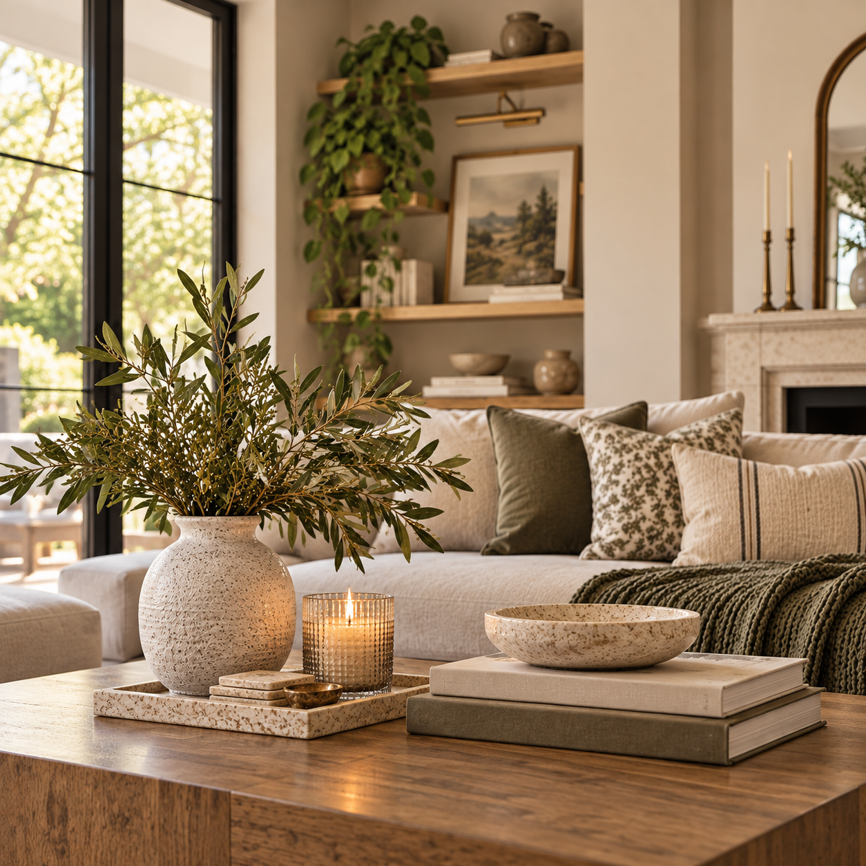 Layered transitional living room with cream upholstery, natural wood, olive accents, and collected décor.