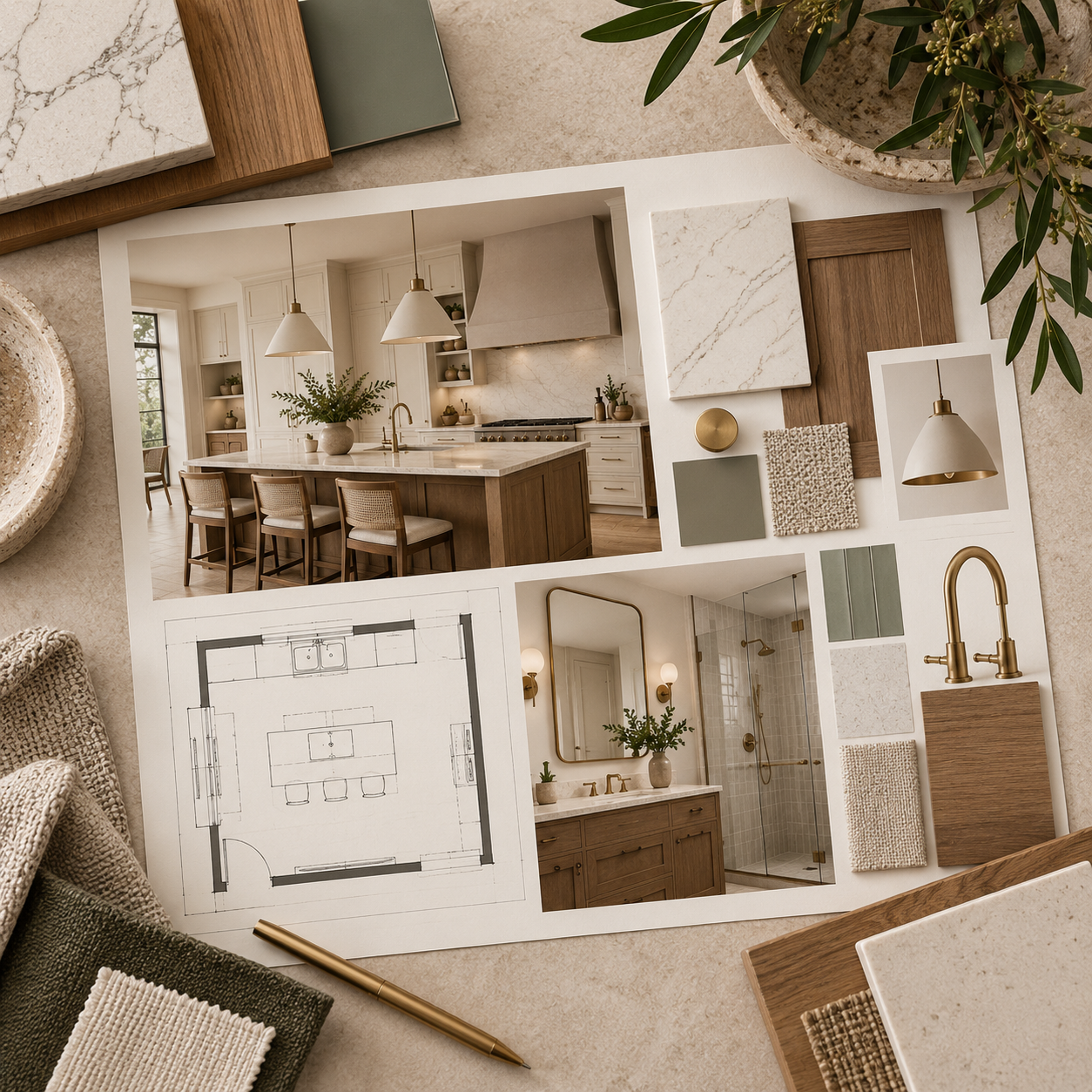 Kitchen and bathroom design mood board with floor plans, finishes, fixtures, and material selections.
