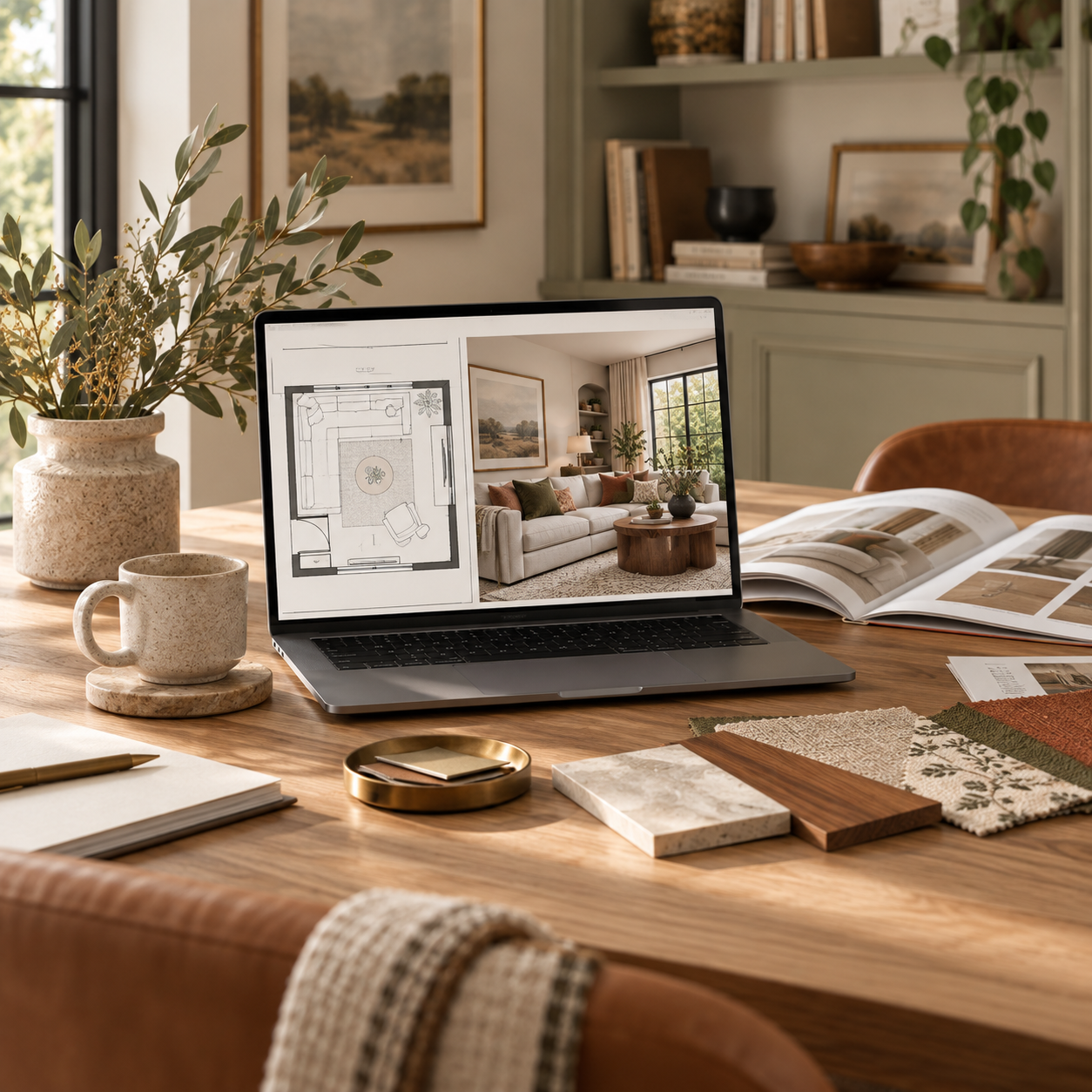 Laptop displaying a floor plan and 3D room visualization alongside interior material samples.