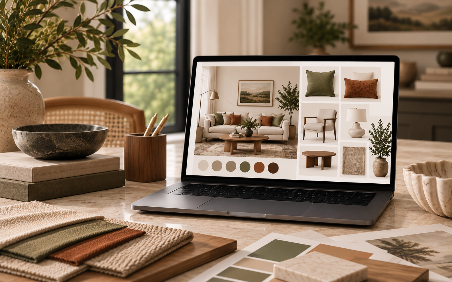 Laptop displaying curated furniture, décor, colour, and material selections for a living room.