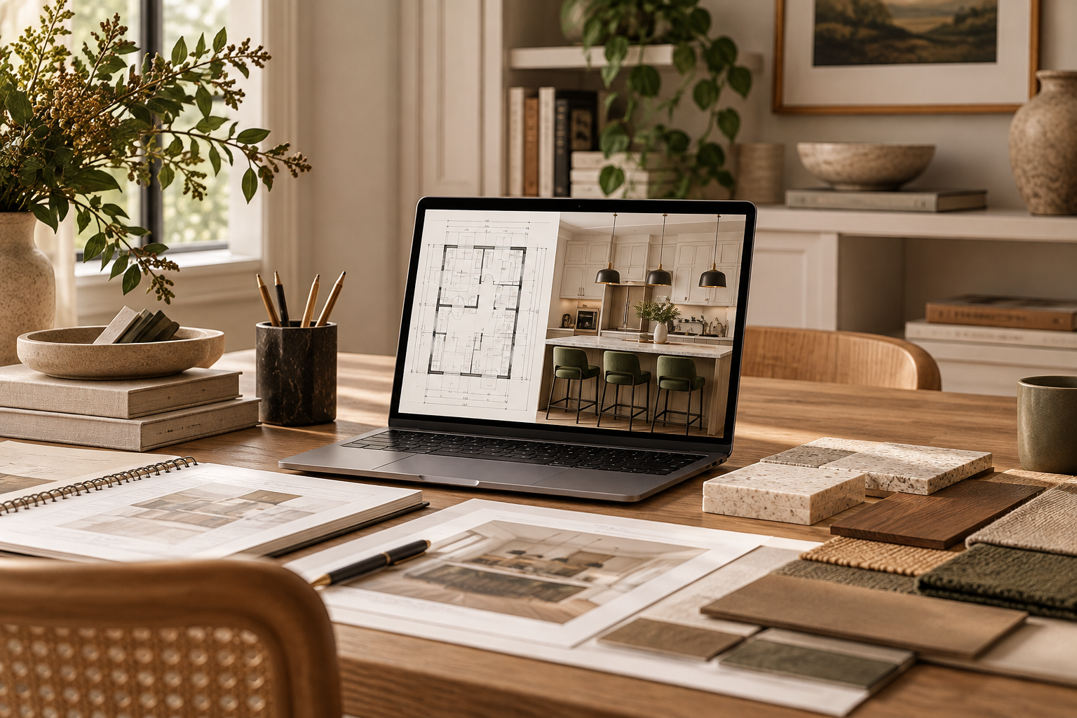 Interior design workspace with floor plans, material samples, project imagery, and a laptop.
