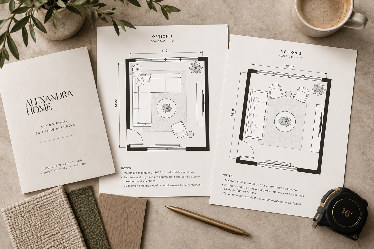 Two living room floor plan options shown with design samples and measuring tools.