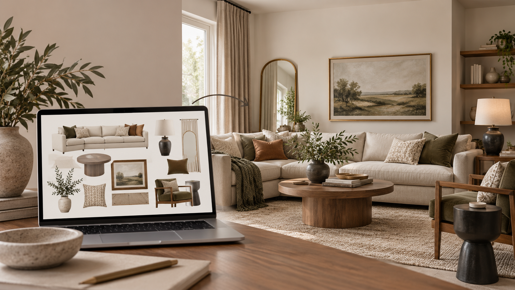 Living room visualization with coordinated furniture, décor, textiles, and warm natural finishes.