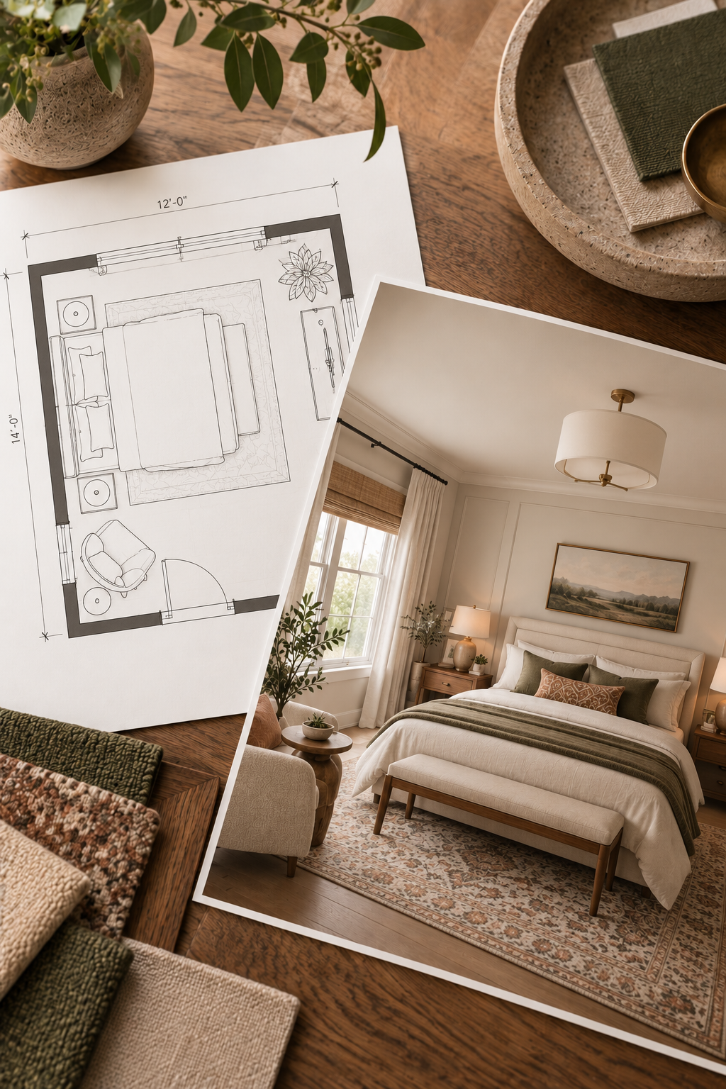 2D bedroom space plan paired with a 3D visualization showing the completed room design.