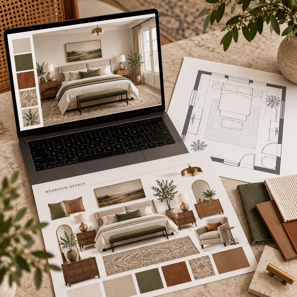Bedroom design presentation with a 3D visualization, floor plan, material samples, and finish selections.