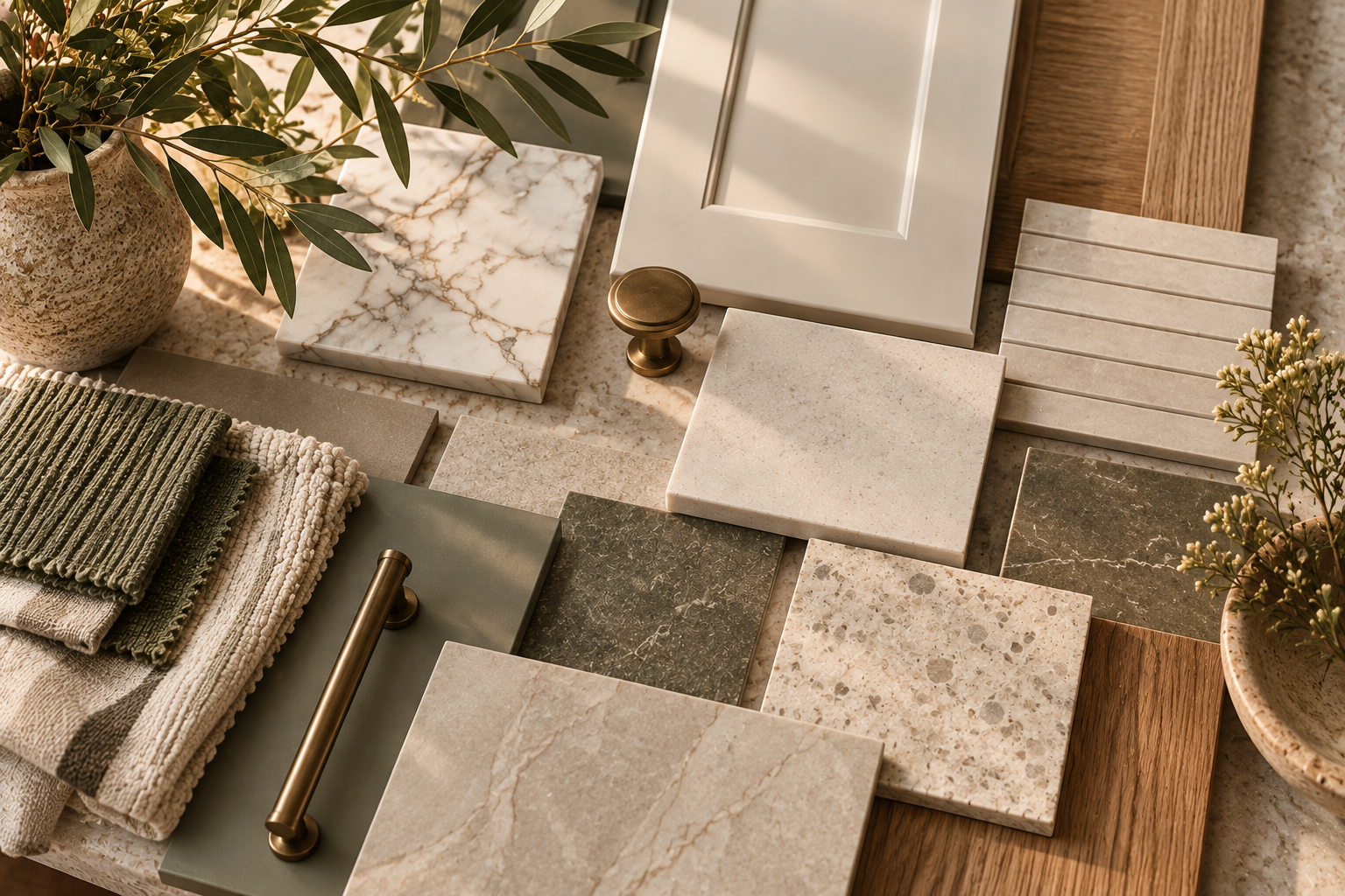 Curated interior finish palette with stone, tile, wood, fabric, and warm neutral material samples.
