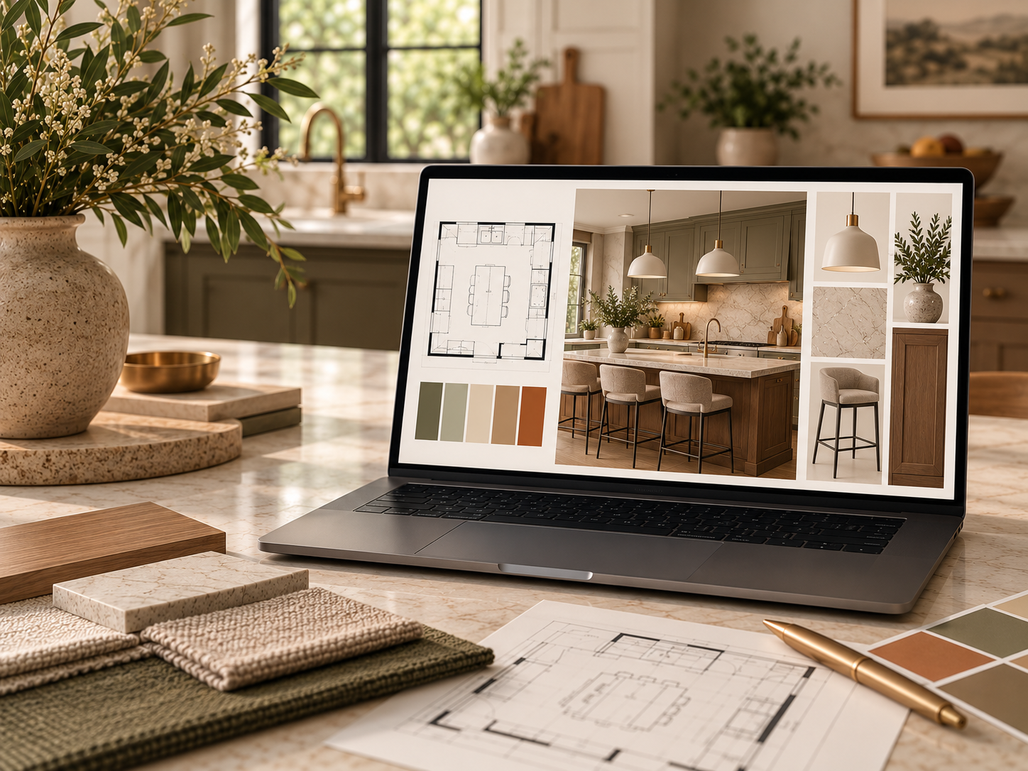 Laptop displaying a kitchen floor plan, 3D visualization, material palette, and finish selections.