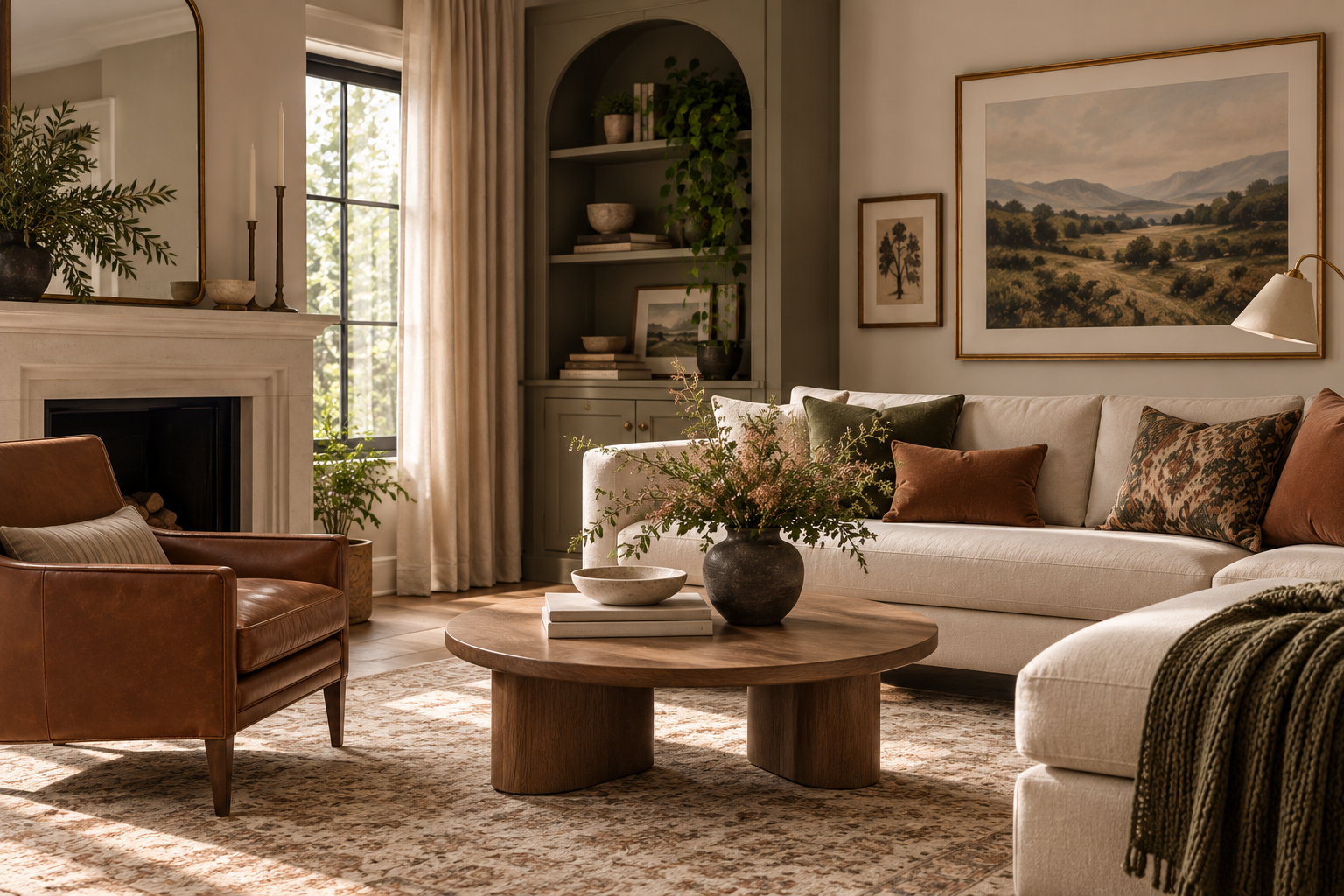 Collected living room mixing cream upholstery, cognac leather, natural wood, and traditional and contemporary pieces.