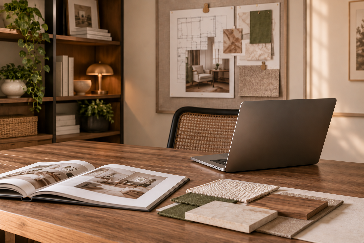 Interior design workspace with a laptop, project imagery, material samples, and finish selections.