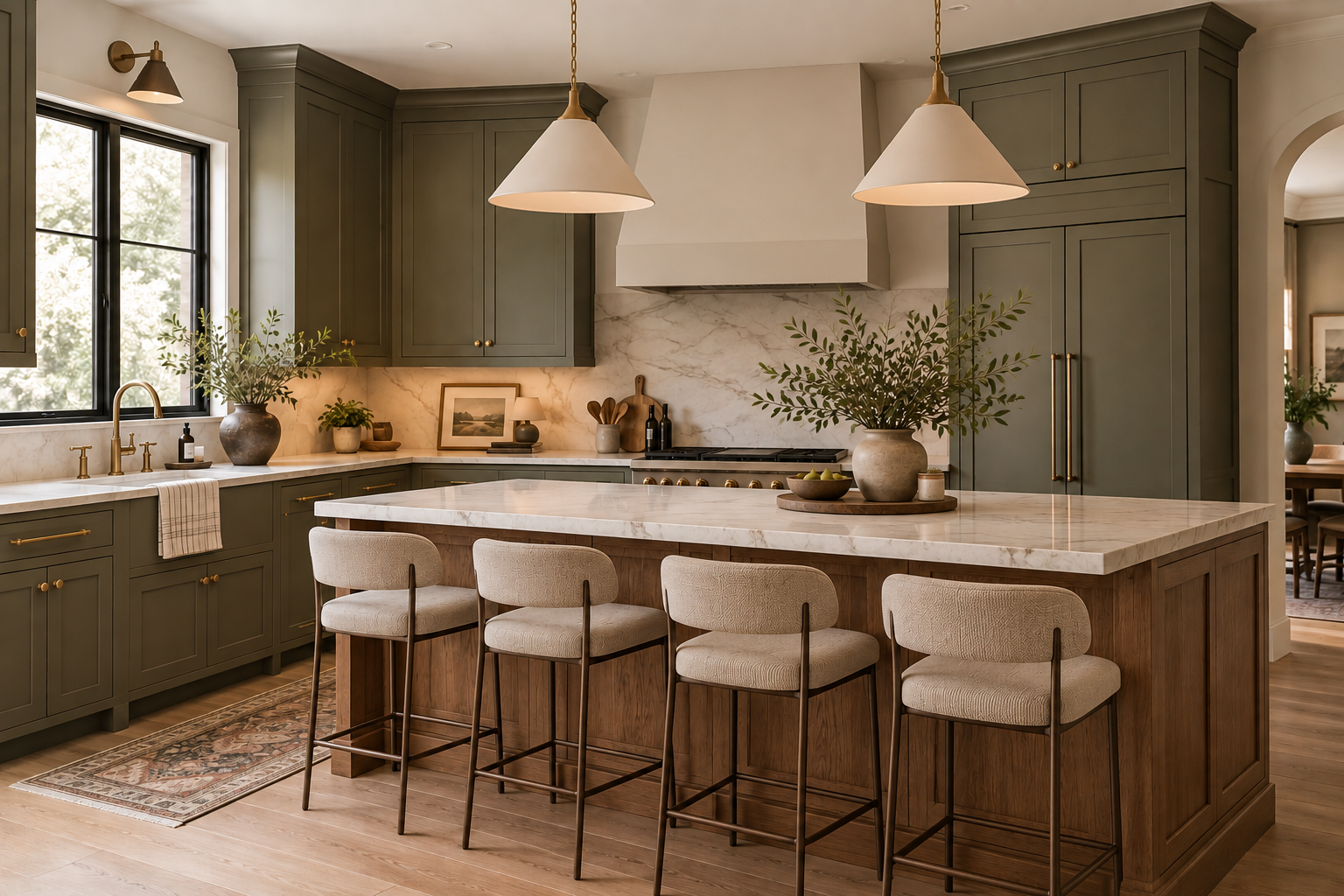 3D kitchen visualization with muted green cabinetry, warm wood, stone surfaces, and a central island.