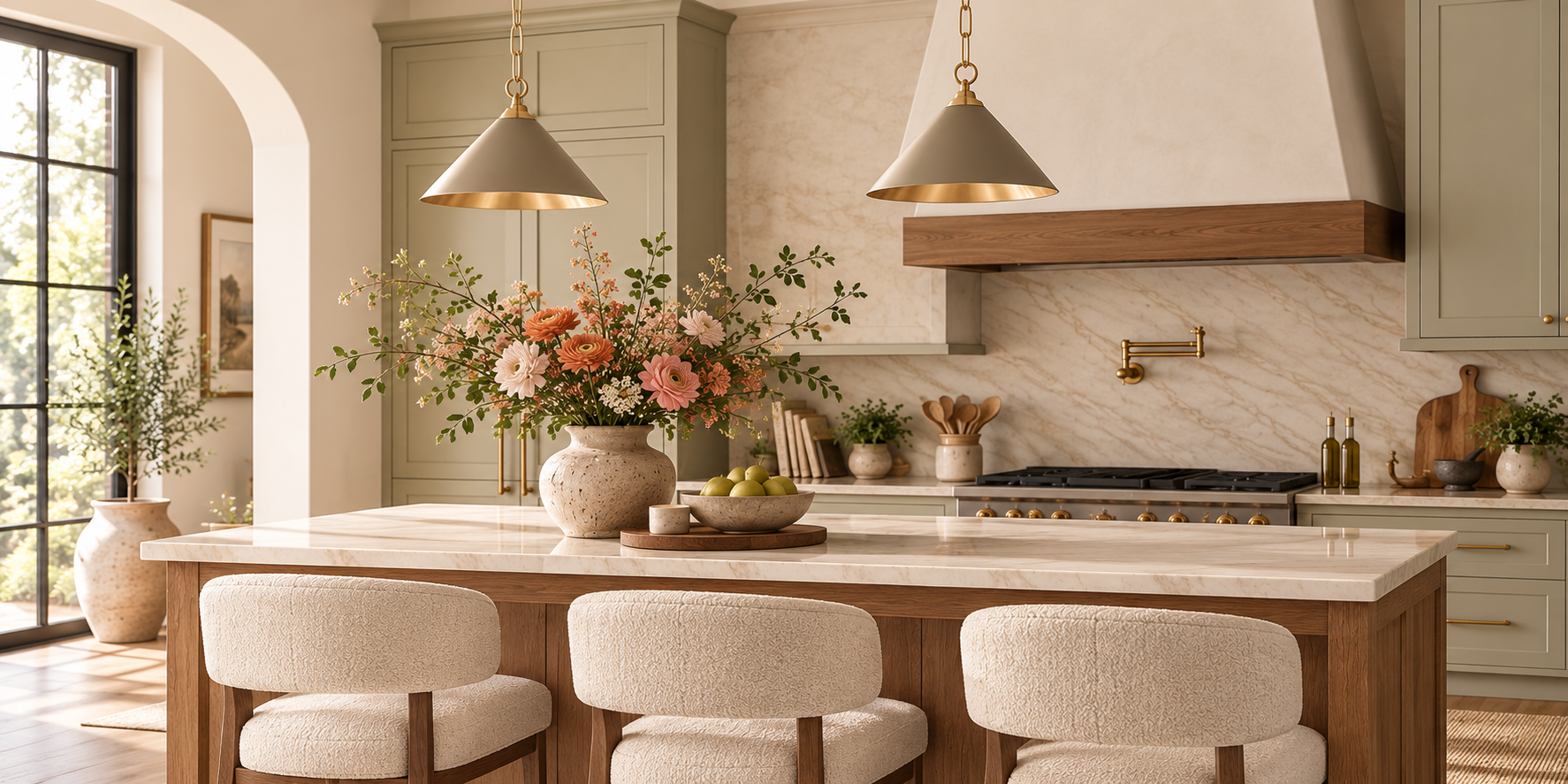 Warm transitional kitchen with muted green cabinetry, natural wood, stone surfaces, and brass accents.