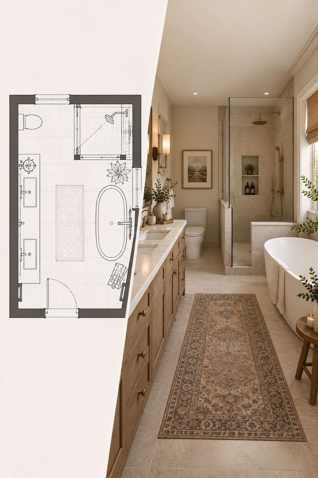 2D bathroom space plan paired with a 3D visualization showing the completed bathroom design.