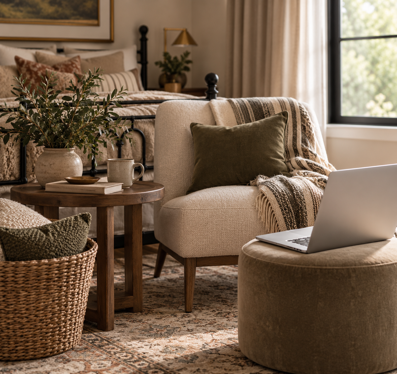 Cozy reading nook with a cream armchair, natural wood, layered textiles, and an open laptop.
